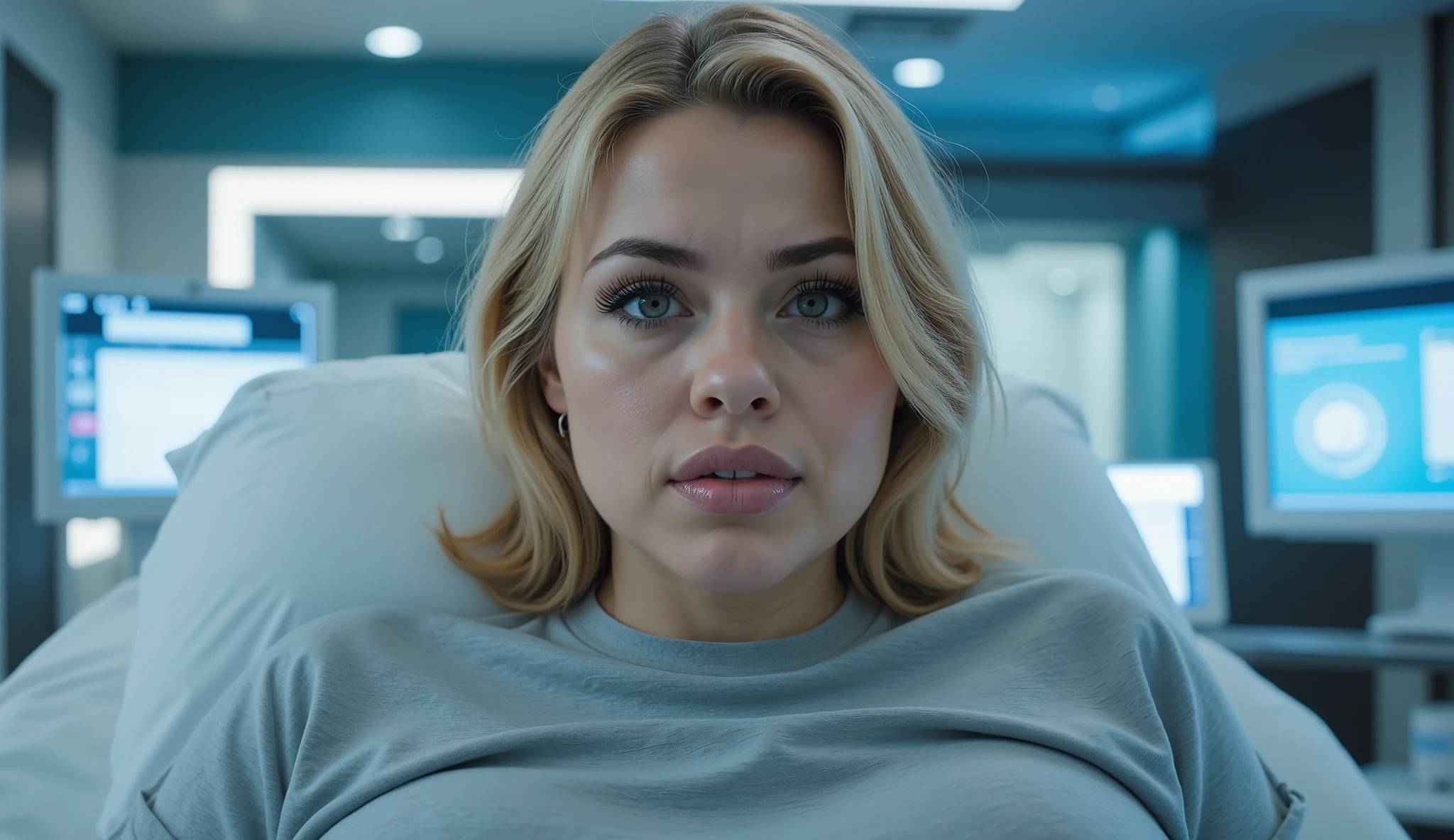 "A ite blonde woman, Stephanie, wakes up in a sleek, futuristic room. Her expression is one of confusion and disorientation as she looks around. She is wearing a simple gray shirt, and her short blonde hair is slightly messy from her rest. The room is illuminated by soft, cool-toned lighting, with advanced, high-tech devices surrounding her—holographic displays, sleek monitors, and medical equipment emitting a faint glow. The camera focuses on her face, capturing her bewildered expression, before transitioning to the advanced technology around her. Cinematic close-up shot of her face, with a secondary wide shot showcasing the modern, futuristic environment. Realistic lighting and intricate details highlight the contrast between her confusion and the advanced setting."