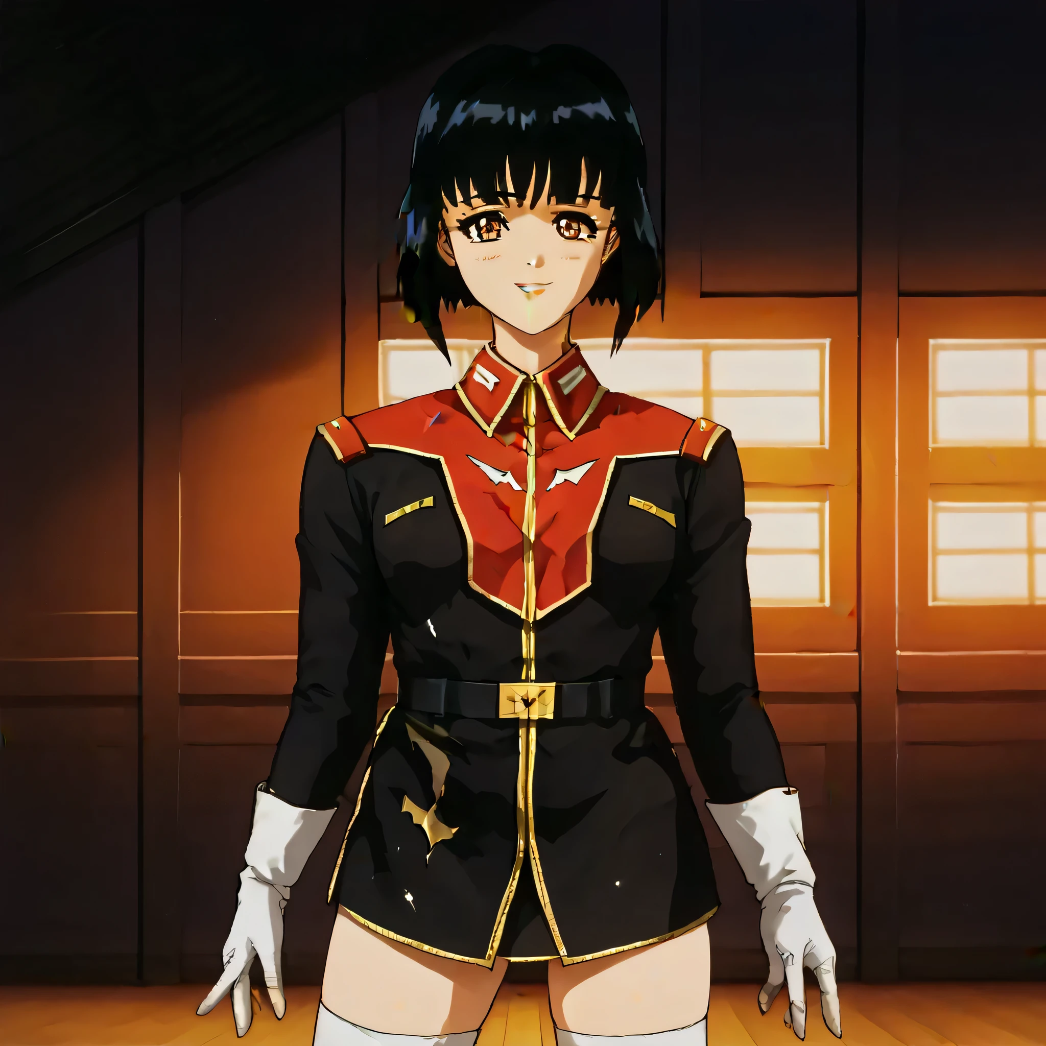 ultra-High resolution, score_9,score_8_up,score_7_up,score_6_up,score_5_up,score_4_up, BREAK, source_anime, anime screencap, uncensored, rating_explicit, Masterpiece, curvy, looking at viewer, (((solo, 1girl))), hair ornament, (((TitanOutfit))), smile, happy, lsmall breast, seductive pose, submissive pose, bob cut, black hair, brown eyes, takanashi kotomi, dna2, short hair, (((young girl, cute))),