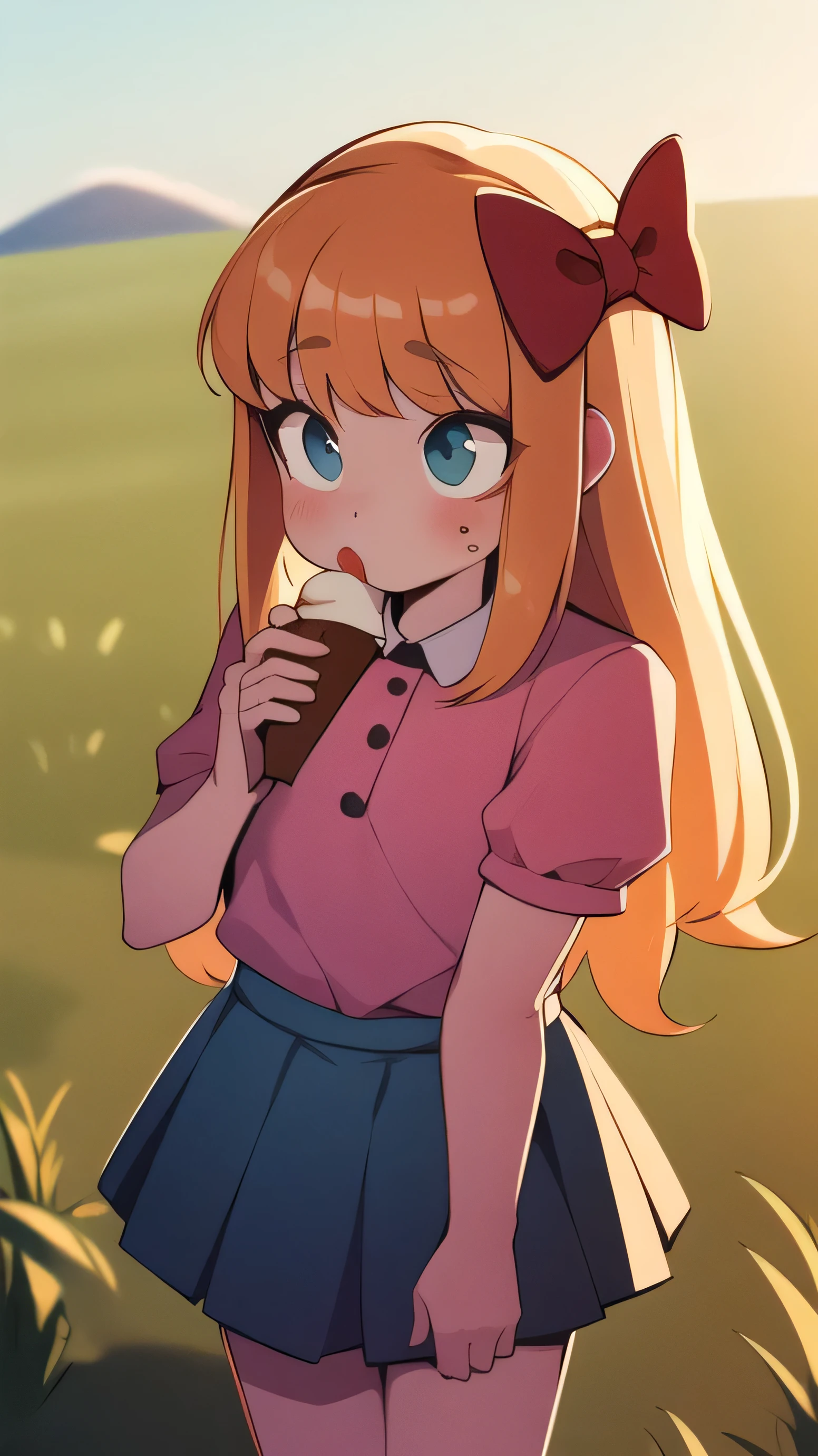 Elizabeth , Elizabeth, bow, support pink, bikini azul,pechos grandes hair bow, Alone , eating ice cream, cielo azul, flat grassland,, body masterpiece, best quality skirt, detailed shading , detailed ambient light , detailed background, body masterpiece,
