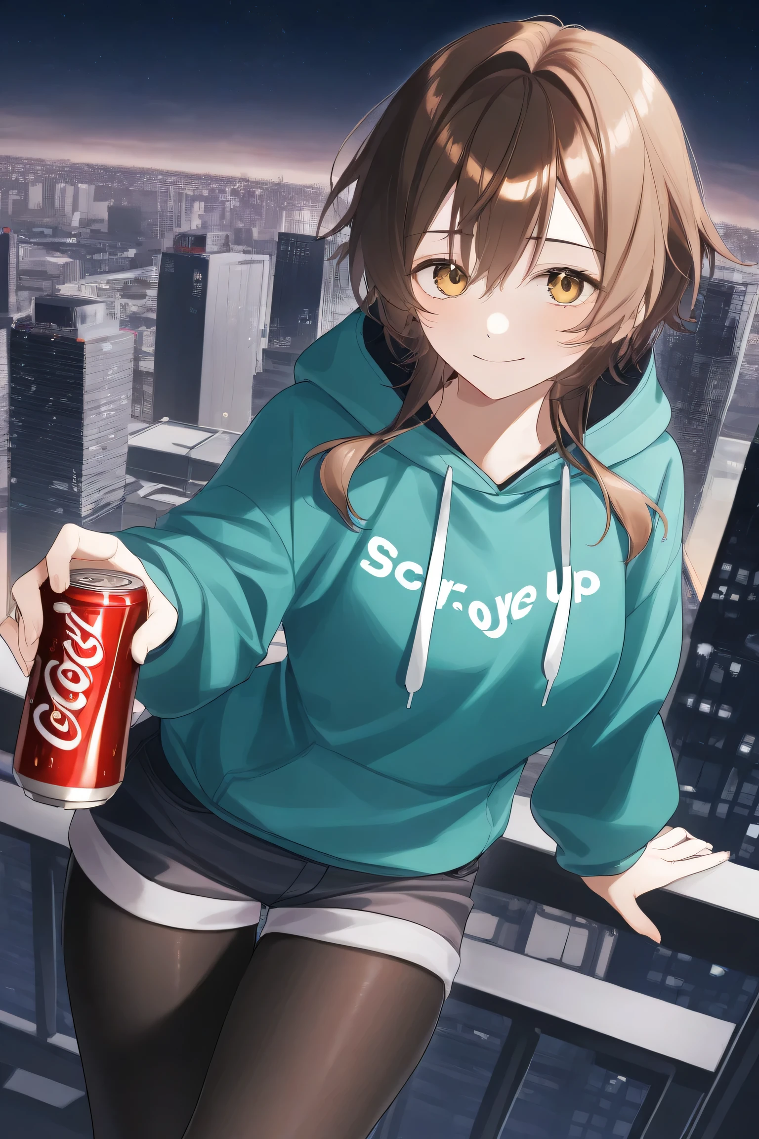  Woman Holding a Can of Cola、 brown hair、  hoodie、 hotpants、 black tights、city、 angle of view viewed from above