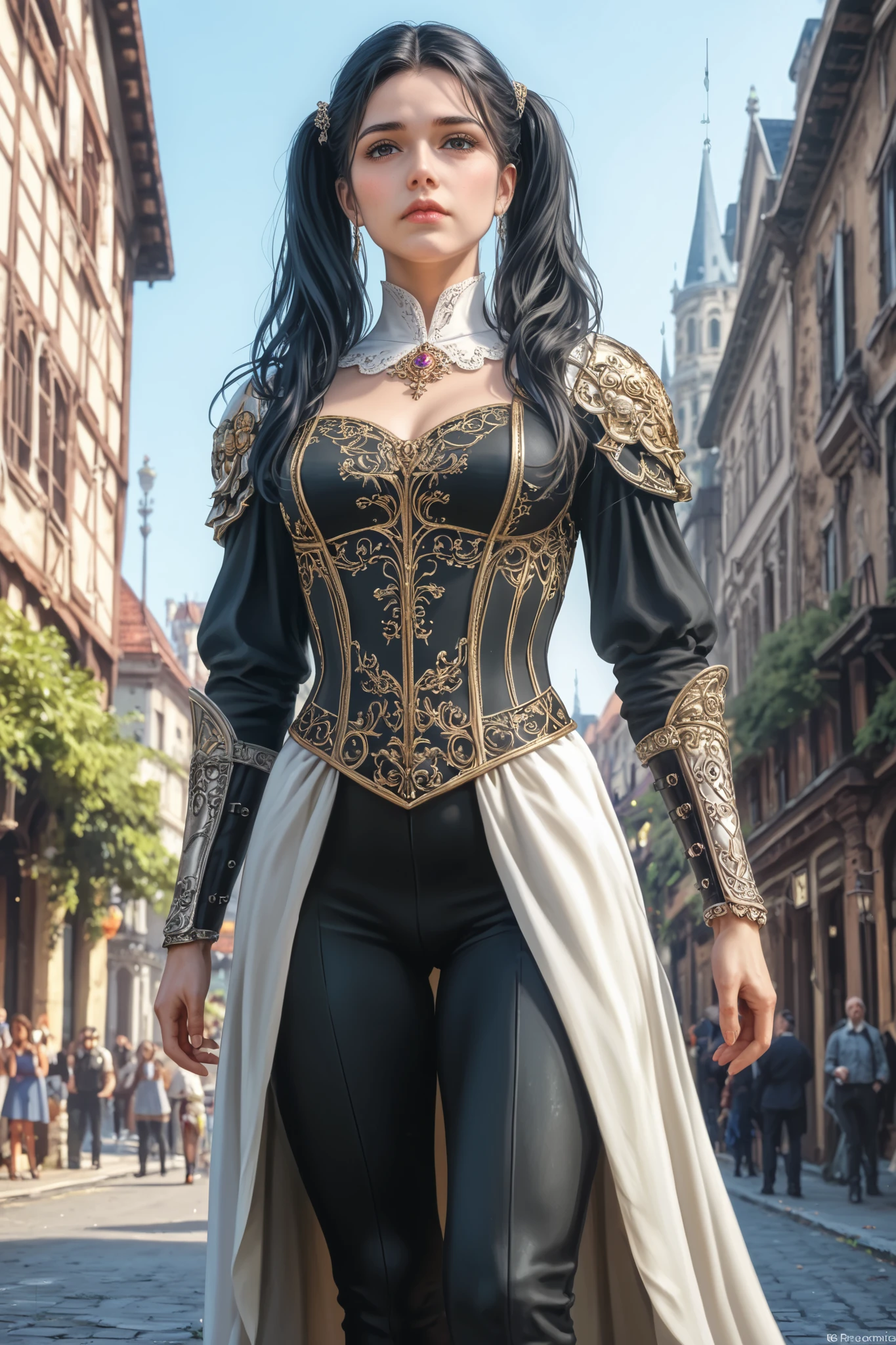 (masterpiece:1.2), [(female warrior with a ornate elegant sophisticated cover walking away), (two twin tails long hair), (long black hair flowing), in a swordsman style dark armor, gorgeous platinum bracers, slender figure, toned thighs and round buttocks, face details, wearing ornate long pants, cinematic, dramatic, adventurous, intricate, detailed, ornate, elegant, sophisticated, female protagonist, strong female character, toned body, tight clothes, stunning cover, slim waist, stretching], (focus on the face:1.2), low angle shot from front, (medieval city, old buildings, empty streets), (best quality , 8k,  highres icon, incredible quality, very aesthetic,absurdres,newest), ultra-detailed, realistic,  photorealistic, (photorealistic:1.4), HDR, Ultra HD,  studio lighting, ultra-fine painting, (sharp focus:1.2), physics-based rendering, description with extreme details, vivid colors, bokeh effect, Professional