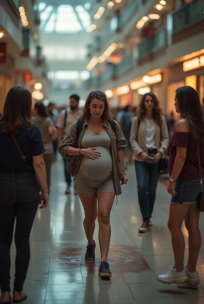 With a small pregnancy bump Generate an image of a gorgeous black curvy skinny beautiful lady with Afro hair holding shopping bags from a mall. I want a full picture and she should be fully covered