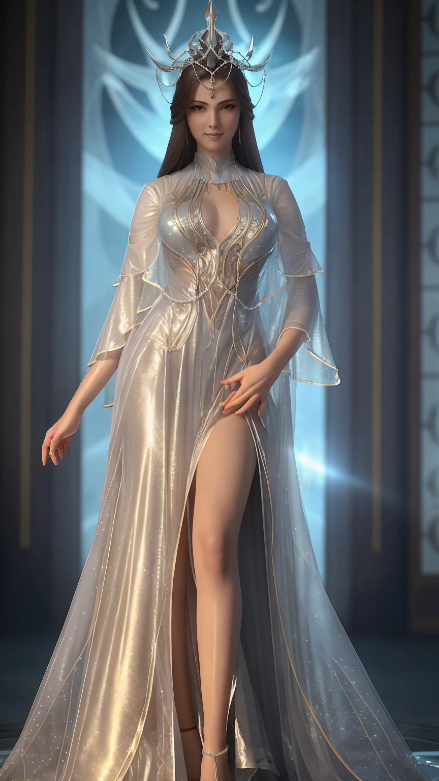 A hyper realistic carricature ,photorealism,of a skinny woman 25 yo.with random hair style,standing.wearing elegant long dress ,light smile, high detail,3d render,high definition
