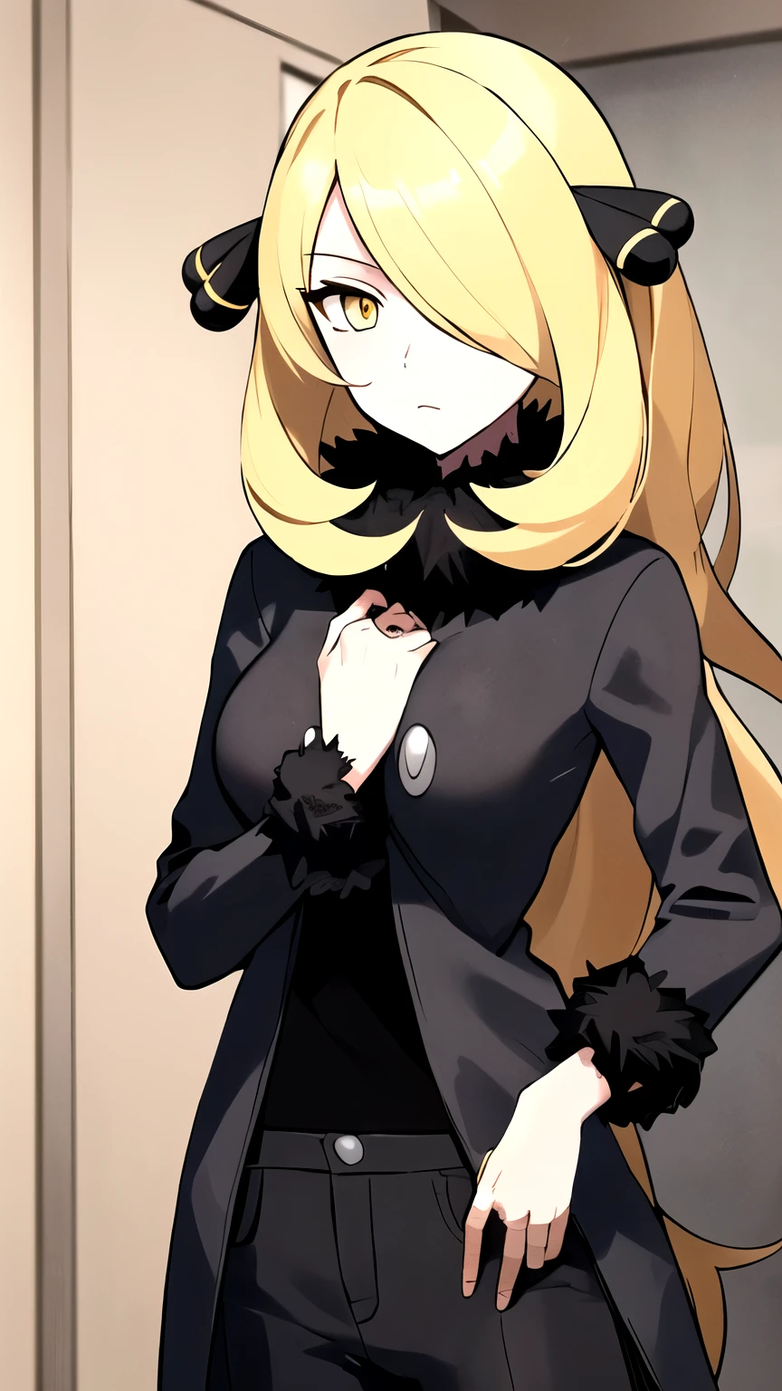 (masterpiece,best quality)), { Sugimori_Ken_artstyle_LoRA(1.2( : Manga_Style } {horror_edit} {horror_edit : creepy_room_aura} } { :(pokemoncynthia, blonde hair, hair ornament, hair over one eye, long hair, (yellow eyes:1.5), , perfectly_shape_breast : perfectly_slender_body : } { black coat, black pants, black shirt, coat, fur collar, fur trim, fur-trimmed sleeves, pants, shirt, } {standing : obedient : hands_behind_head } { no_emotion : hypnotic_eyes : hypnotized_eyes : lazy_eyes} { sweating : } { : dirty room : dark : messy}