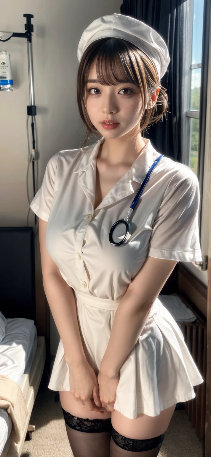 1 girl,(Wearing white nurse clothes:1.2),(RAW Photos, highest quality), (Realistic, photo-Realistic:1.4), masterpiece, Very delicate and beautiful, Very detailed, 2k wallpaper, wonderful, finely, Very detailed CG unity 8k wallpaper, Very detailed, High resolution, Soft Light, Beautiful detailed girl, Very detailed eyes and face, Beautiful and detailed nose, finely beautiful eyes, nurse, Perfect Anatomy, Black Hair, Upstyle, nurse uniform, (big breasts), Long skirt, nurse, White costume, thin, hospital, clear, White Uniform, hospital room, Neck auscultation,Bobcut、(((Sit with your knees apart:1.3)))