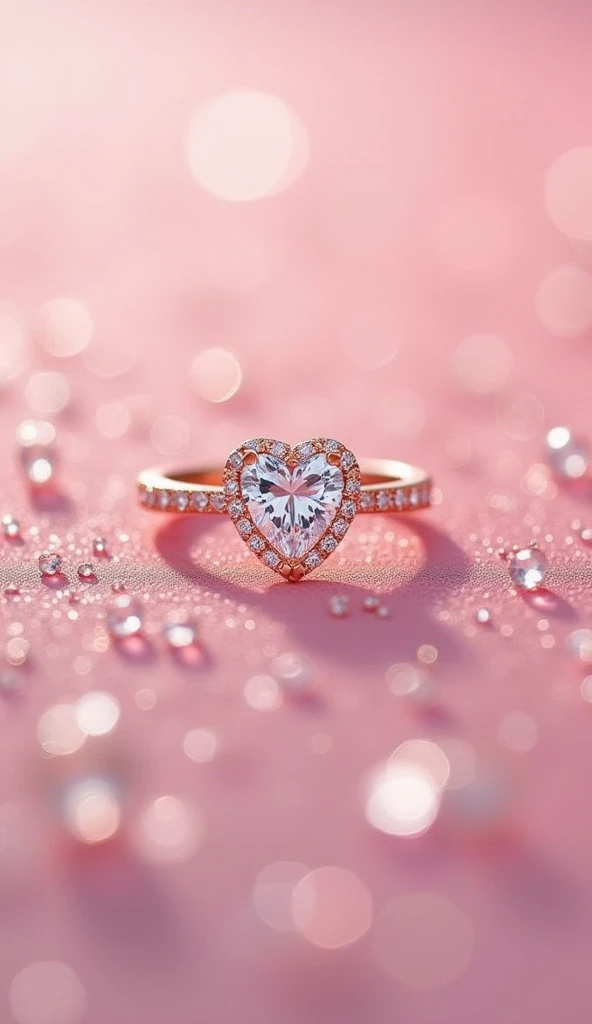 Simple Ring 、 pink gold 、floating、 gradation 、 its brilliance is amazing 、 The transparency is amazing too 、 beautiful as in the picture 、 high definition、The background is sparkling pink 、Heart Full、Diamonds