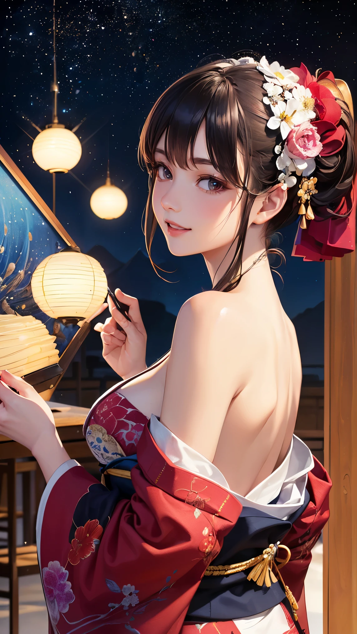 ((16K)),(masterpiece:1.3, Highest quality, Ultra-high resolution, Super detailed), (Realistic, photoRealistic:1.4), Perfect lighting, Depth of written boundary, Browsing Caution, Surrealism,Face Light,(( large breasts)),Beautiful detailed hair,((Beautiful eyelashes)), Beautifully detailed face, Beautiful fine details, Beautiful body, thin脚,Beautiful breasts, Beautiful feet, ((Beautiful nails)), ((Beautiful fingers)), thin, 1 girl, 23 years old,Perfect Face, Long eyelashes,Perfect Anatomy, Supermodel with a long neck,((Skinny1.3)),(Perfect Anatomy,Anatomically correct, Highly detailed skin), Shiny skin,((beautiful girl:1.1)),(Mid-length hair:1.4, Wavy Hair:1.2, half updo,Black Hair) ,((With bangs)),Dainty facial structure,((Happy smiling face with mouth wide open:1.3)),((Swayback stance:1.2)),female focus,((from below:1.1)),((wearing very elaborate (pink) yukata with traditional Japanese floral patterns:1.1)),The yukata is short in length, showcasing its vibrant and intricate design, Generate an image of a night sky with colorful fireworks being launched. The background should be filled with a variety of vibrant fireworks, creating a festive and celebratory atmosphere,Beautiful fireworks,((wide shot:1.3)),