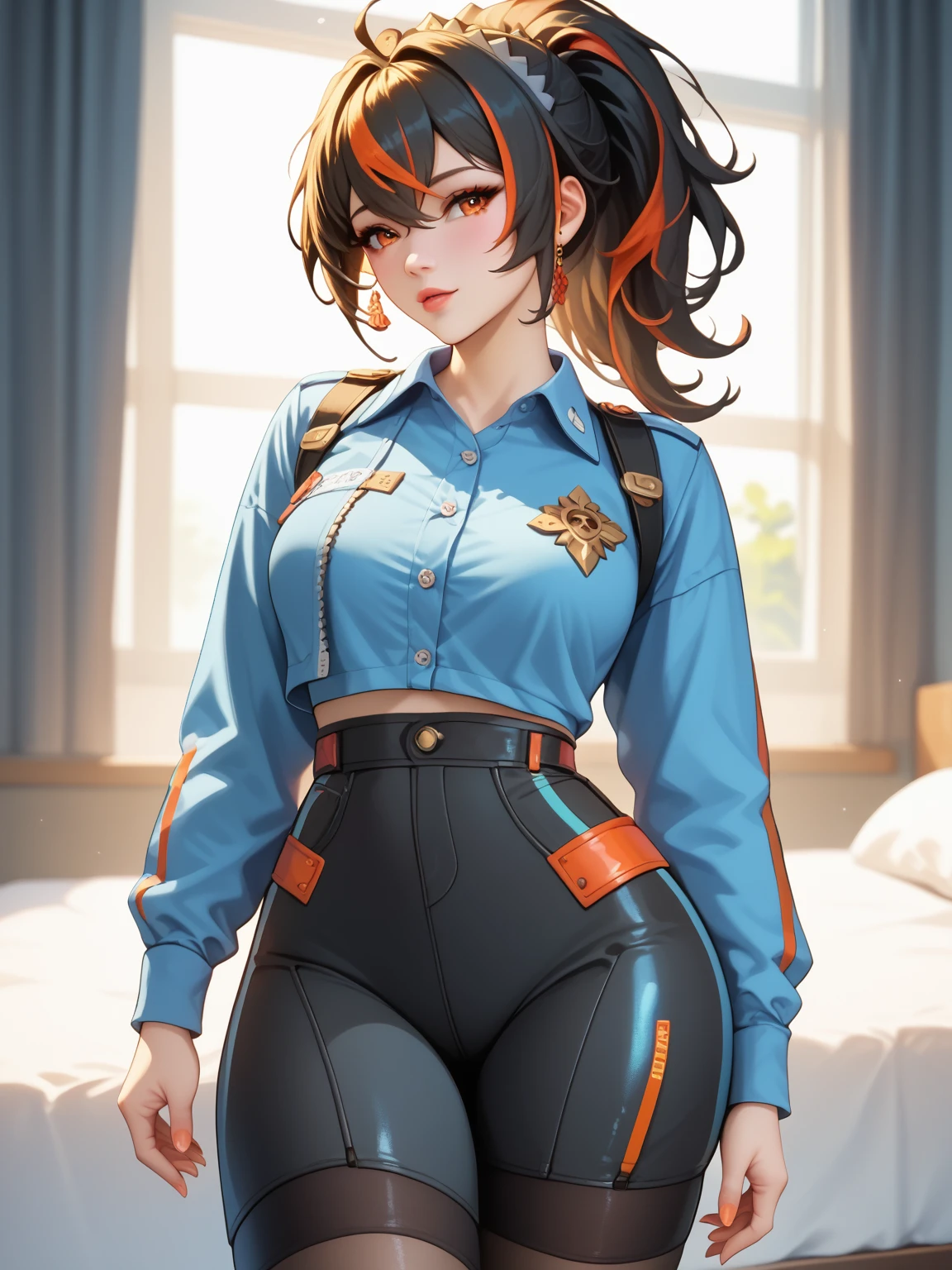 ((8k, best quality, masterpiece:1.2), ultra-detailed, (high brightness:1.3), (high contrast:1.1), (high saturation:1.1), (anime screencap:1.20), 1 girl, (hokko tarumae\(umamusume\)), (long hair:1.2), (animal ears, horse girl), (hair ornament:1.5), green eyes, black hair, blunt bangs, animal ears, horse tail, multicolored hair, streaked hair, brown eyes, braided ponytail, blue eyes, white hair, very long hair, ((two-tone hair:1.5)), long hair, horse ears, purple eyes, bangs, ((twin braids:1.10)), horse girl, brown hair, cute, ((beautiful eyes:1.2)), (cute eyes:1.2), ((Detailed details eyes:1.5)), cute, (((gigantic breasts:1.20))), (((puffy nipples:1.20))), ((cowboy shot:1.5)), hair bow, ((official alternate costume:1.5)), (baseball cap, ears through headwear), black headwear, (shiny black jacket, zipper, long sleeves), (shiny black crop top:1.5), (((midriff peek:1.10))), (((ultra low rise grey pants:1.10))), ((cute smile, happy, red blush)), (plump body:1.5),