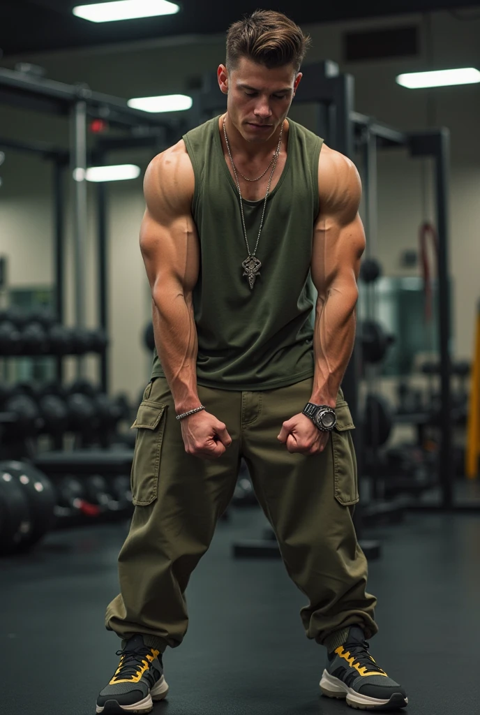 a muscular man wearing a army uniform with army hat