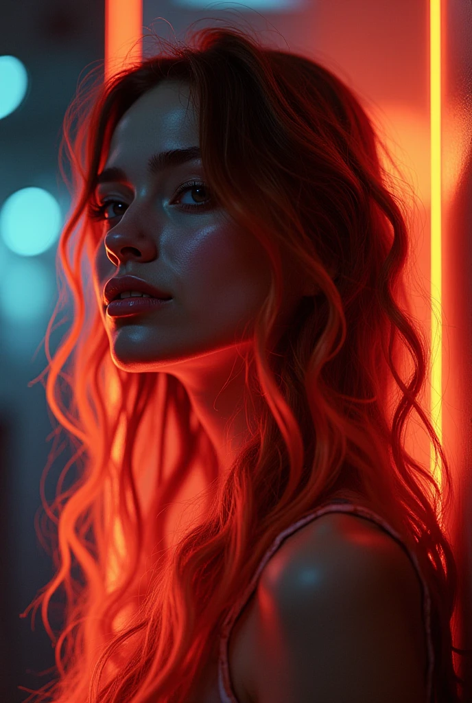 sexy sweaty margot robbie as a redhead, with seductive look, mouth slightly open wanting to give a blowjob, around neon blue red and purple lights