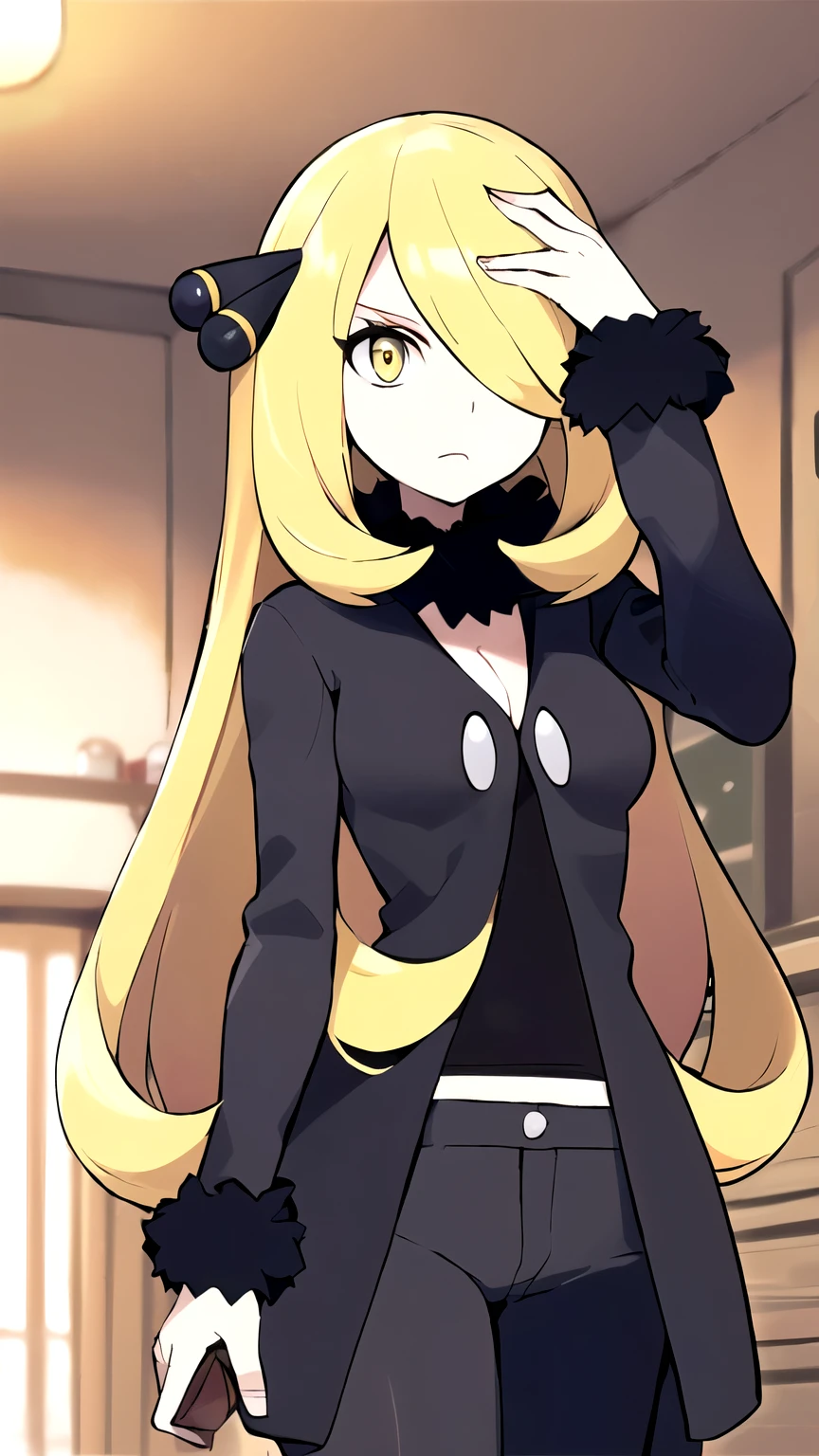 (masterpiece,best quality)), { Sugimori_Ken_artstyle_LoRA(1.2( : Manga_Style } {horror_edit} {horror_edit : creepy_room_aura} } { :(pokemoncynthia, blonde hair, hair ornament, hair over one eye, long hair, (yellow eyes:1.5), , perfectly_shape_breast : perfectly_slender_body : } { black coat, black pants, black shirt, coat, fur collar, fur trim, fur-trimmed sleeves, pants, shirt, } {standing : obedient : hands_behind_head } { no_emotion : hypnotic_eyes : hypnotized_eyes : lazy_eyes} { sweating : } { : dirty room : dark : messy}