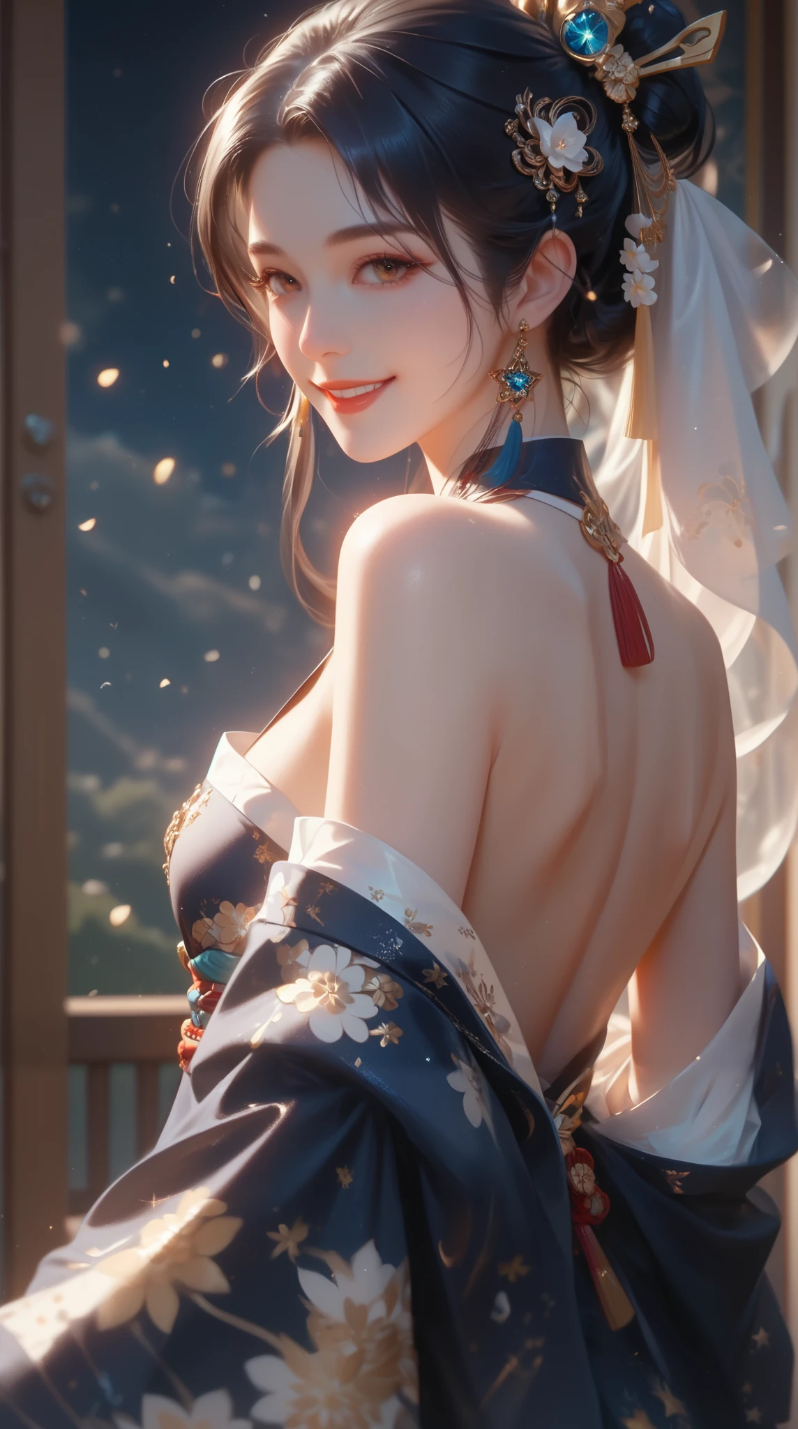 (( top quality )),( ultra high definition),( very detailed ),( Detailed Help ),(( best CG )),( Best Works of Art ), Ultra Precision Art , amazing painting art,(The art of accurate depiction :1.5), woman, off shoulder,Backless, kimono,Brilliant embroidery , smile, Starry night