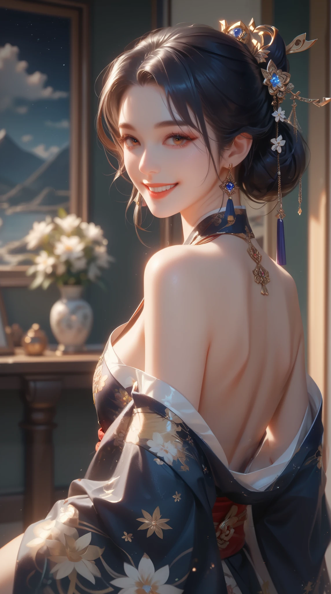 (( top quality )),( ultra high definition),( very detailed ),( Detailed Help ),(( best CG )),( Best Works of Art ), Ultra Precision Art , amazing painting art,(The art of accurate depiction :1.5), woman, off shoulder,Backless, kimono, Brilliant Embroidery, smile, Starry night