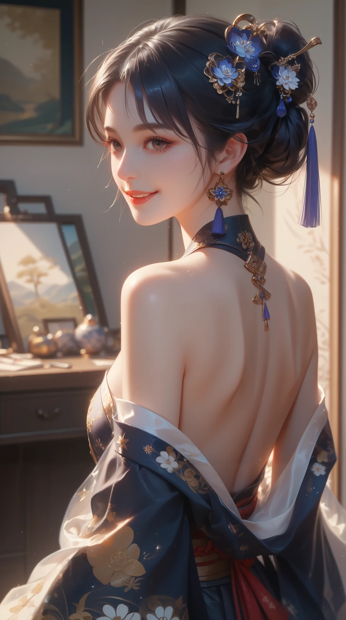 (( top quality )),( ultra high definition),( very detailed ),( Detailed Help ),(( best CG )),( Best Works of Art ), Ultra Precision Art , amazing painting art,(The art of accurate depiction :1.5), woman, off shoulder,Backless, kimono, Brilliant Embroidery, smile, Starry night