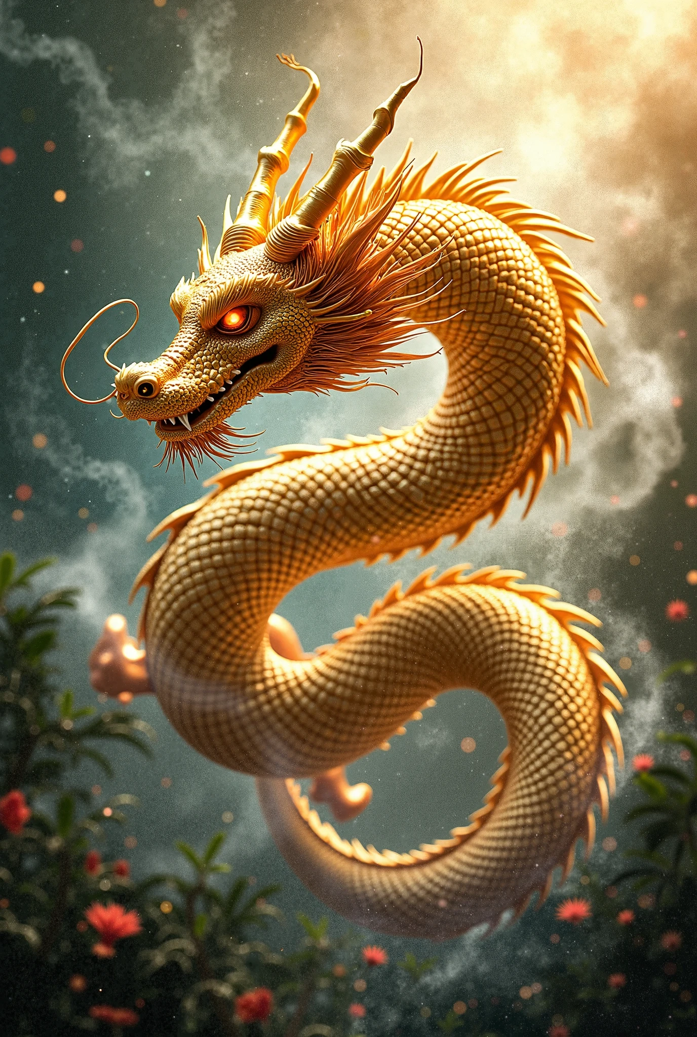 masterpiece, Highest quality,日本の龍god、golden dragon、Rin々Shii表情、With fluffy fur、キラキラしている優Shii目、The snake's long, slender body doesn't fit on the screen.、The background is a waterfall and a rainbow、god々Shii、The body is so long that the front and back legs are far apart.