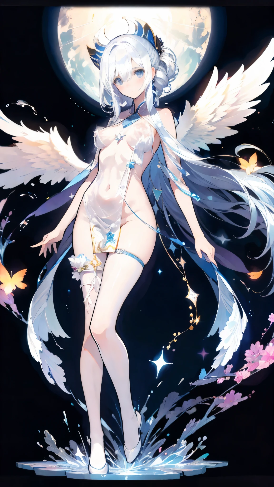 (flat color:1.3),(colorful:1.3),(masterpiece:1.2), best quality, masterpiece, original, extremely detailed wallpaper,1girl,solo,colorful spell, naked, niples, vulva, particles, high definition, magical, misteryous, night, reflections, BREAK angel, perfect face, expressive eyes, bangs, messy hair, happy, water, holy, spectral, divine, feathers, abstract background