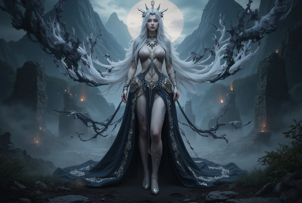 "A large bridge in the mountains at night, shrouded in mist. On the bridge stands a skeleton wearing a white kimono, with long hair flowing down. The atmosphere is eerie and mysterious, with the moonlight faintly illuminating the scene."