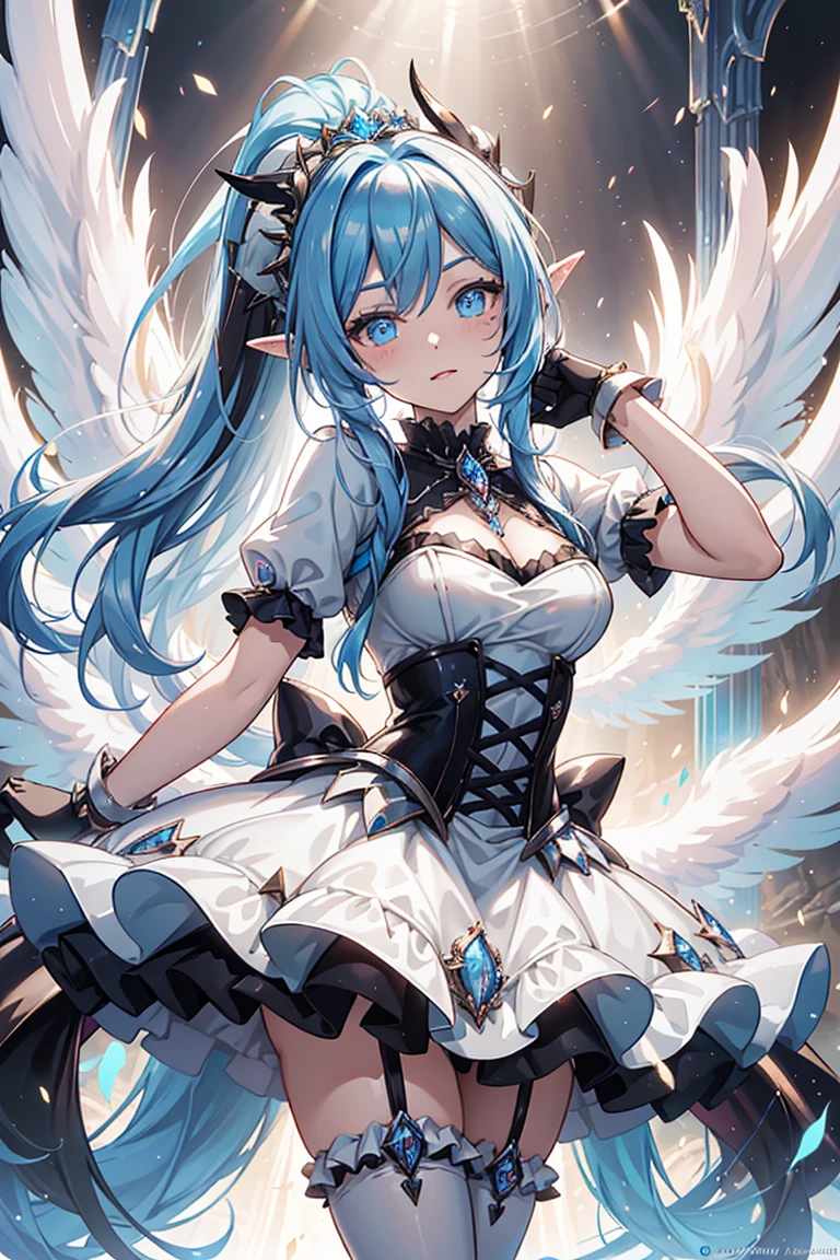 mejor calidad，tmasterpiece，ultimate resolution，Suave，extremadamente colorido，De color，Princesa sirena，(white Vestido Lolita:1.4)，Medias de tirantes negras，Starrysky Android!,More detailed 8K.motor irreal:1.4,UHD,La mejor calidad:1.4, fotorrealista:1.4, textura de la piel:1.4, obra maestra:1.8,obra-prima, mejor calidad,objeto Objeto], (detailed face features:1.3),(Laboratorio Robotizado azul:1.4),(cabello rosado largo:1.4),（Beautiful and detailed eye description）,(manos:1.4),(mostrando su panties white:1.4)
