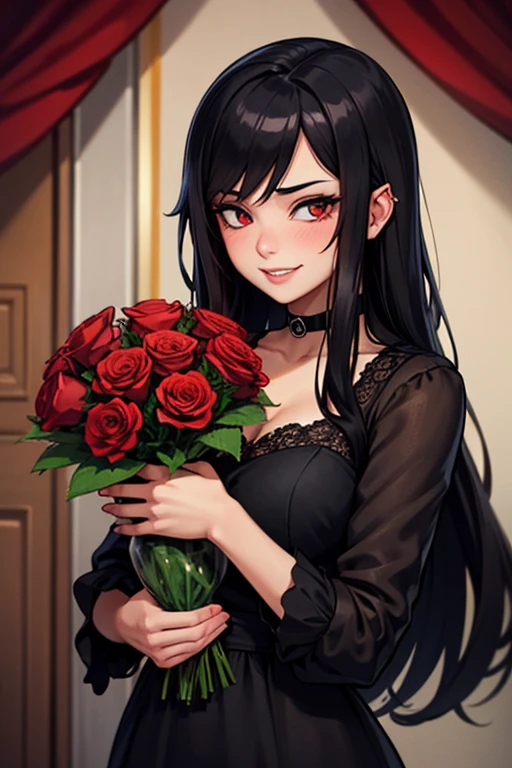 1girl, yamamura sadako, long black hair, purple eyes, hair over one eye, pale skin, goth, black elegant dress, rose flower in hair, eyeshadow, black lips, smiling, looking at viewer, holding heart-shaped box, blushing, score_9, score_8_up, score_7_up, score_6_up, score_5_up, score_4_up, spoken hearts, sitting at dining table, in restaurant, happy valentine, romantic dinner, restaurant background, candles on table,