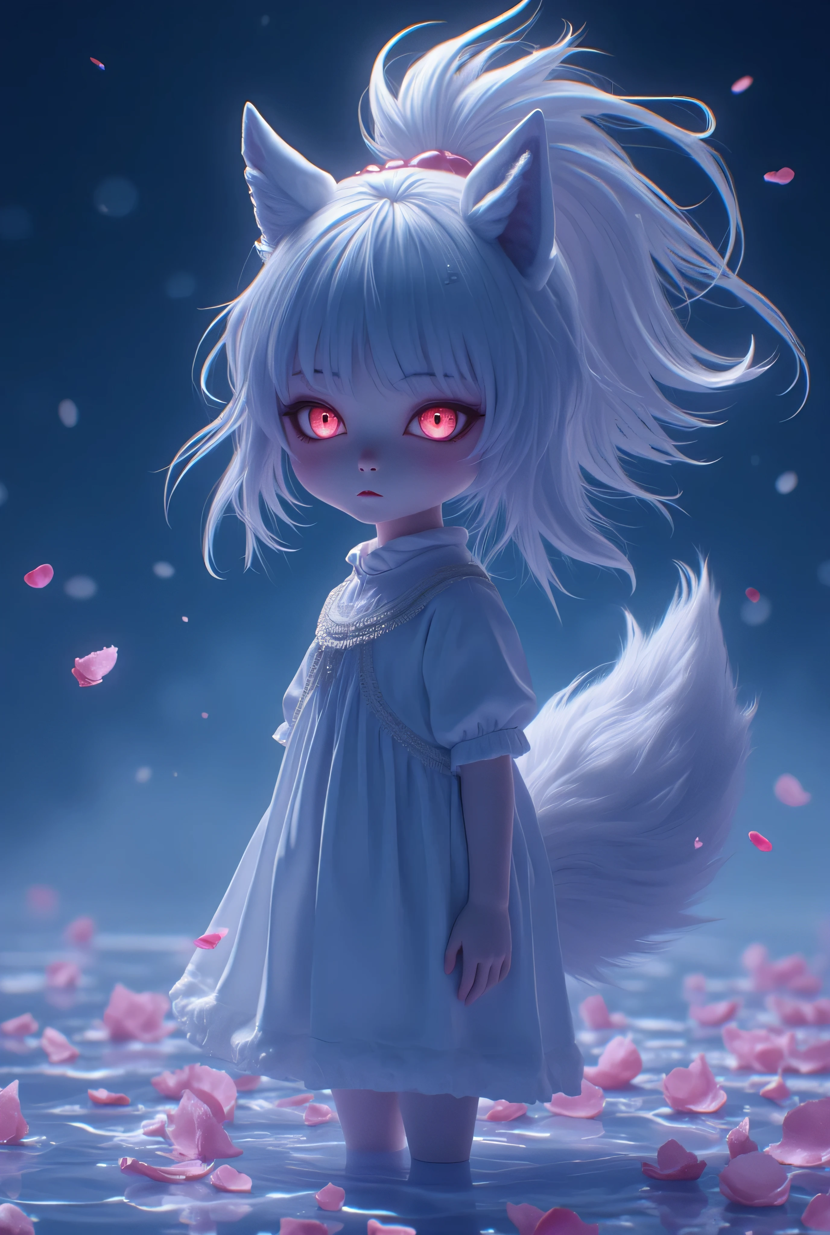 ((work of art, best qualityer)), (negative space: 1.2), (1 girl, standing alone: 1.4), petals, pink eyes, fox Girl,fox eras,fluffy fox tail, far away, high ponytail, liquid hair, flowers, night blue highlight flowing background, photorrealistic, 34K,