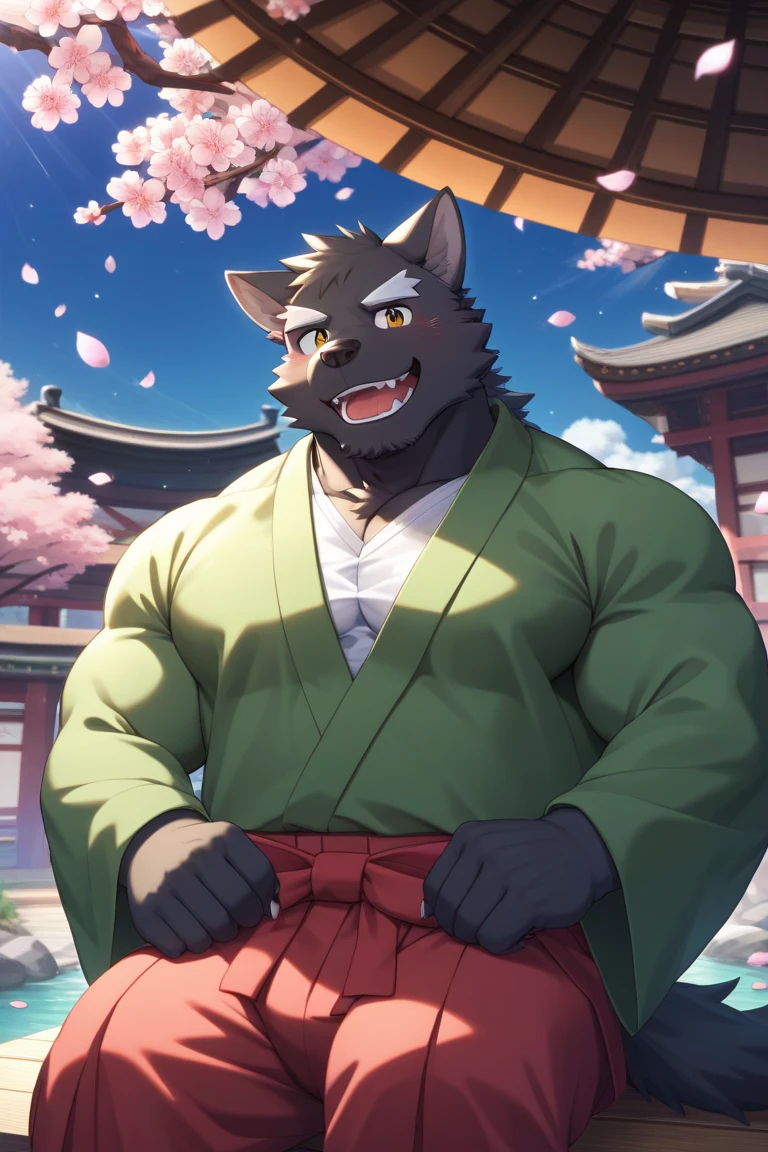 Scribble 黑色柴dog face,Cute face,Humanity(dog),(Black Kimono:1.3),Chubby,(White eyebrows:1.1),(Perfect black eyes),(artist:Takemoto Arashi),(Bulging buttocks),shrine,Scars on the face,Smile,Wolf Tail。