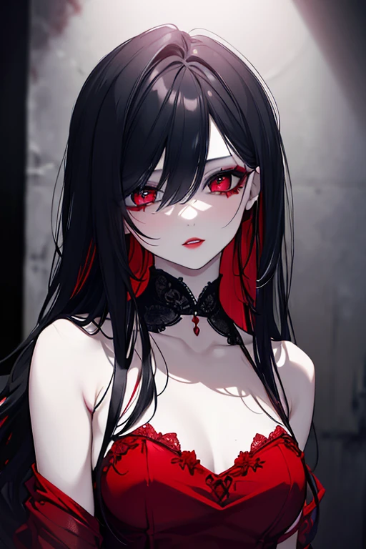 A cute vampire lying next to you in bed, hellspawn vampire, black straight hair