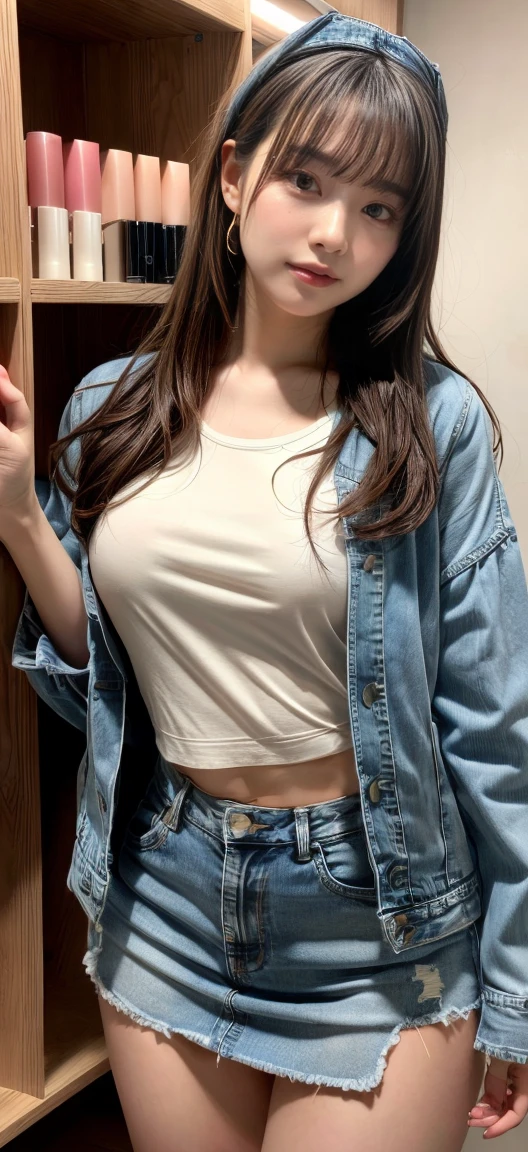 Beautiful 19-year-old brunette girl wearing a short blouse and high-waisted jeans with 4 buttons on the bottom and showing the navel of her thick legs