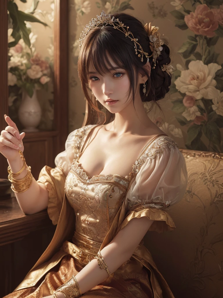 Classical 19th century portrait of a woman。A woman in a Victorian dress is sitting elegantly。The background is a luxurious room with a shining chandelier。The soft light gently illuminates the woman's face、24-year-old woman、Sexy proportionature female body、Sexy proportionakeup、Lips with red lipstick、Textured skin((textured skin))、smile、Narrow waist