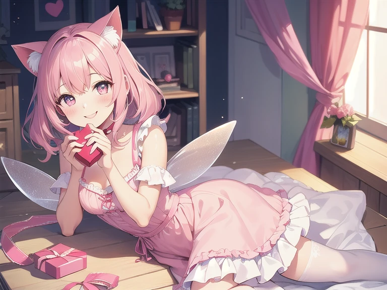 <lora:CupidTech:0.75>, cute, adorable, pink hair, absurdly long hair, ((shiny skin, oiled skin)), bare legs, pink theme, balloons, indoors, heart-shaped_chocolate, box_of_chocolates, 1girl, solo, holding a box of chocolate, shy, blush, sitting, hanging legs, sitting on a high place, knees, feet, full body, ((white dress)), feet, toes, sfw, pink eyes, heart-shaped balloons, heart, ((AS-YoungestV2)), cake, cream, cream on body, legs together, (bangs, long bangs), cute, adorable, ((anime 8k wallpaper, 1girl, solo)), (masterpiece, best quality:1.2), extremely detailed, soft ambient lighting, sharp focus, 4K,
