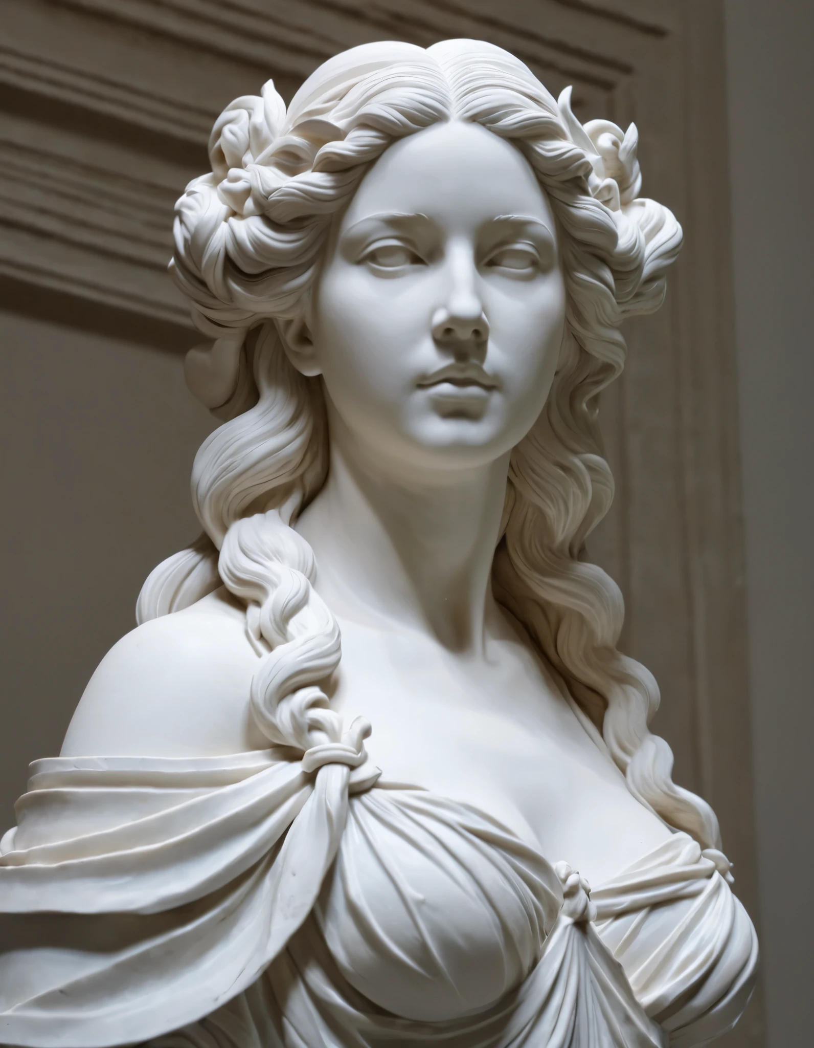 White marble Statue (best quality,4k,8k,highres,masterpiece:1.2),ultra-detailed,(realistic,photorealistic,photo-realistic:1.37),detailed ancient greek white marble statue, woman dressed in traditional dress peplos,dramatic lighting,chiaroscuro,classical architecture,detailed facial features,ornate pedestal,dramatic shadows,warm color tones