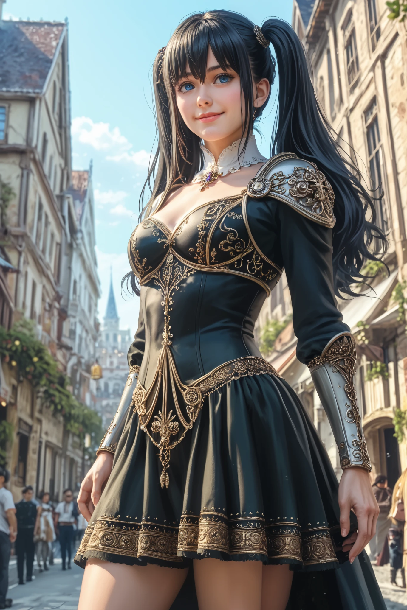 (masterpiece:1.2), [(female warrior with a ornate elegant sophisticated cover walking away), (hair between eyes, fringe),(two twin tails long hair), (long black hair flowing), (blue eyes), in a swordsman style dark armor, gorgeous platinum bracers, slender figure, toned thighs and round buttocks, face details, wearing ornate short skirt, cinematic, dramatic, adventurous, intricate, detailed, ornate, elegant, sophisticated, female protagonist, strong female character, toned body, tight clothes, stunning cover, slim waist, stretching, smiling happy], (focus on the face:1.2), low angle shot from front, (medieval city, old buildings, empty streets), (best quality , 8k,  highres icon, incredible quality, very aesthetic,absurdres,newest), ultra-detailed, realistic,  photorealistic, (photorealistic:1.4), HDR, Ultra HD,  studio lighting, ultra-fine painting, (sharp focus:1.2), physics-based rendering, description with extreme details, vivid colors, bokeh effect, Professional