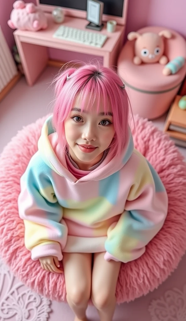 Top view. A cute 18-year-old Japanese high school girl with pink mesh hair and a colorful oversized hoodie is sitting on a cute zaisu chair. She is dancing with her eyes looking at the camera placed above her. The background is a pink single-family room cluttered with cute pink items and a desk. There is a cute big fluffy cushion on the sofa. She has big eyes, attractive eyeshadow, and a sweet smile.