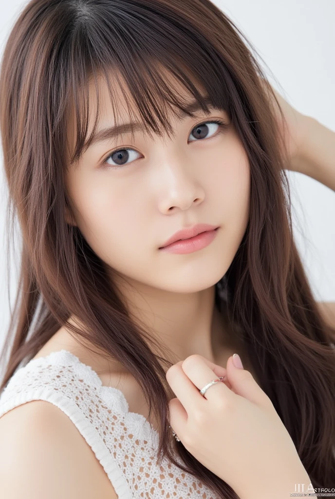 whiteroom, 1 girl, Japanese woman, look at the camera, 20yo, H cup, model's expression, silver ratio, cute, long black hair, portrait