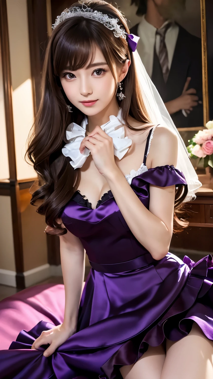 wear wedding gloves, best quality, Delicate face,beautiful visual work, lifelike, eternity, black hair, Long curly hair, blunt bangs, Smile, Detailed Background, Delicate face,pink blush,cold,((masterpiece))、(top quality)、8k、high detail、Super detailed,31 years old female,Seductive and whimsical style、masterpiece、born、Scenes resembling fairy tale illustrations、Intricate details and complex designs、Beautifully、magic、capricious、 Beautifully、Dream aesthetics、「𝓡𝓸𝓶𝓪𝓷𝓽𝓲𝓬、ethereal、charming、fickle、magic」、Realism、Visual effects、FXAA、SSAO、Shaders、voiceless、ambient lighting、Tone mapping、High resolution、Ultra high quality、Million pixels、(8K resolution:1.10)、8k、Below 8K、8K resolution、high detail、intricate details, (high quality:1.2、masterpiece:1.2、:1.21)、(31 years old female:1.21)、(Smile excitedly)、(Surrounded by the dreamy atmosphere、Model diagram,full-body shot,Normal 2 feet,Don't show your fingers,wearing pink princess wedding dress, Don’t show your feet, big skirts, princess dress, wedding princess dress, ball gown wedding dress, bride, bridal veil,in the church,Holding flowers in both hands, long skirt, long sleeves,a bride, skirt covers feet, H CUP, Large Breasts, wear wedding gloves,