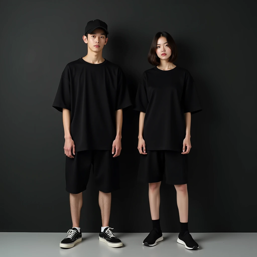 Take detailed and real quality photos like a photographer using a cannon camera. A handsome Korean man wearing a plain black T-shirt size XXL, wearing shorts, men's sneakers and a hat, along with a beautiful woman with short bob hair in the same clothes but not wearing a hat. Standing facing the wall side by side like a model showing a plain T-shirt. the back is clearly in front of a black wall with a soft light effect, the T-shirt has no design or text so it is completely blank. The backdrop maintains a clean, minimalist aesthetic, with soft lighting and a casual streetwear feel.