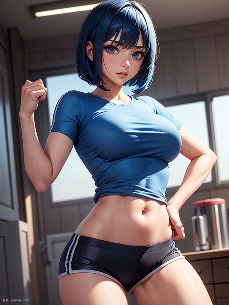 ((Best quality, 8K, Masterpiece :1.3)), 1girll, a 20 yo woman, Sailor Mercury, race queen, Arms up, (blue short hair, Huge breasts :1.2), (symmetric clear eyes:1.3) soothing tones, Superskirt, Sitting, Spread legs, skin indentation, (Natural skin texture, hyper photorealism, Soft light, Sharp), indoor, Ultra-detailed face, Detailed eyes, 二重まぶた