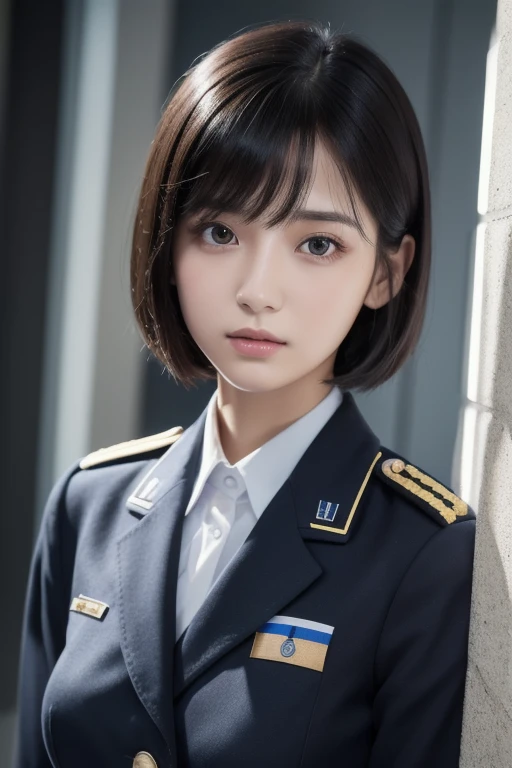((Best image quality, 8k, masterpiece:1.3))、Short black hair、Ultra-fine face、Photograph the whole body、Detailed eyes、double eyelid、Street、Royal Navy Uniforms、Navy blue military uniform、Royal Navy、Rank of lieutenant、Medium sized breasts:1.2