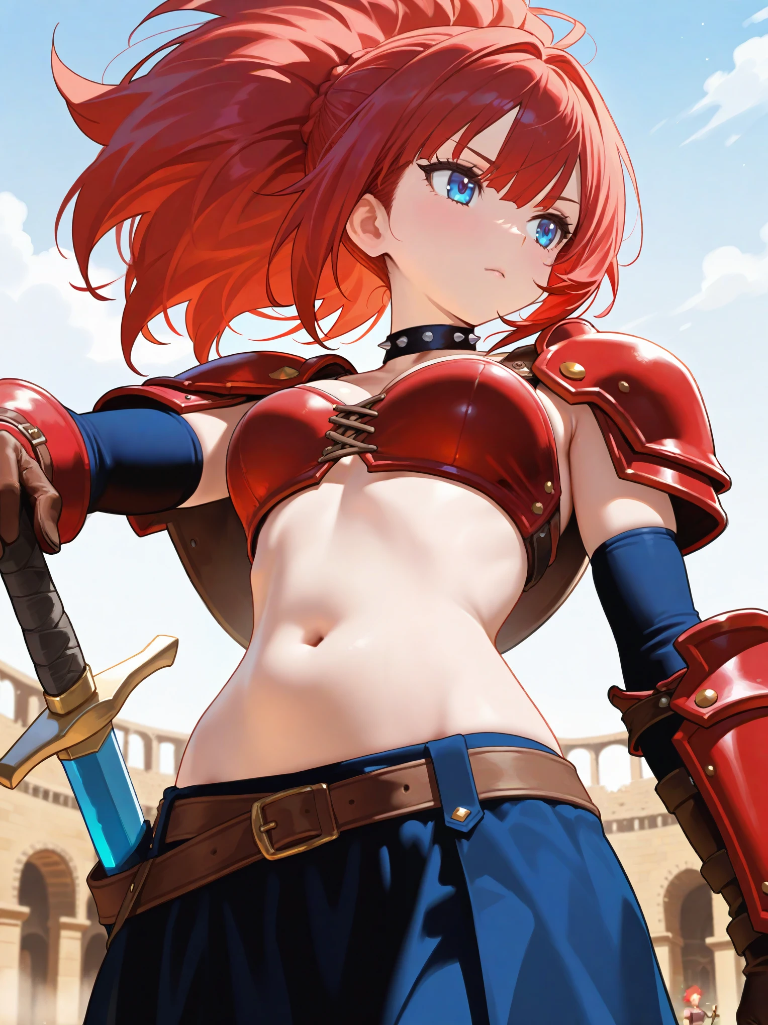 masterpiece, top quality, adult female holding a stick, red hair ,big hair, split bangs,、 spiked short hair, big hair,bangs,(Red Tasettes ),red shoulder pads,elbow gloves , blue eyes,Warrior,Fantasy ,sword, choker,belly button,Fantasy , Colosseum, low angle,