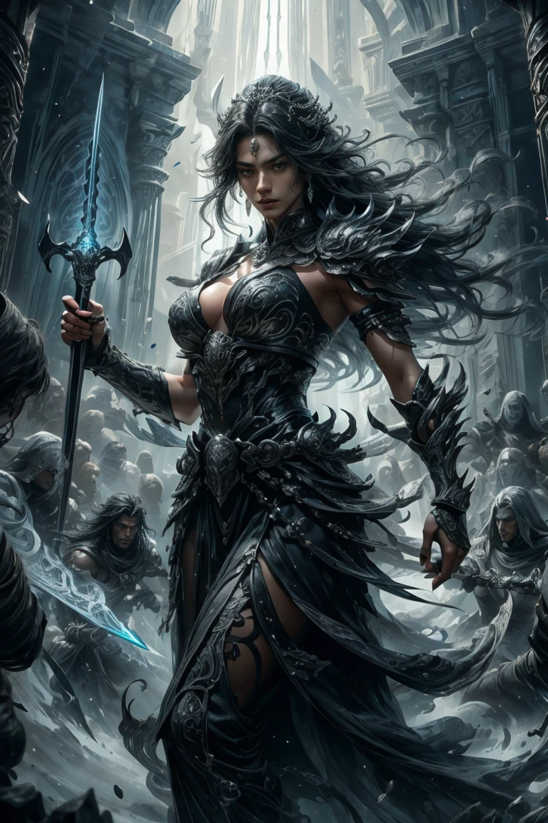 Generate hyper realistic image of a fierce warrior, most beautiful, elegant, a fair-skinned female with long, flowing black hair cascading down her armored shoulders. Adorned with intricate jewelry, she wears silver and formidable armor that accentuates her powerful presence, that glow with a faint blue light. An armlet graces her muscular arm, and a menacing skull emblem adorns her attire, symbolizing the warrior's strength and determination in a solo quest. She is holding this magic sword has a blade of gleaming steel, inscribed with arcane runes that glow with a faint blue light. The hilt is wrapped with black leather and adorned with a silver pommel, perfect hand, perfect fingers, looking at viewer, facing viewer,
