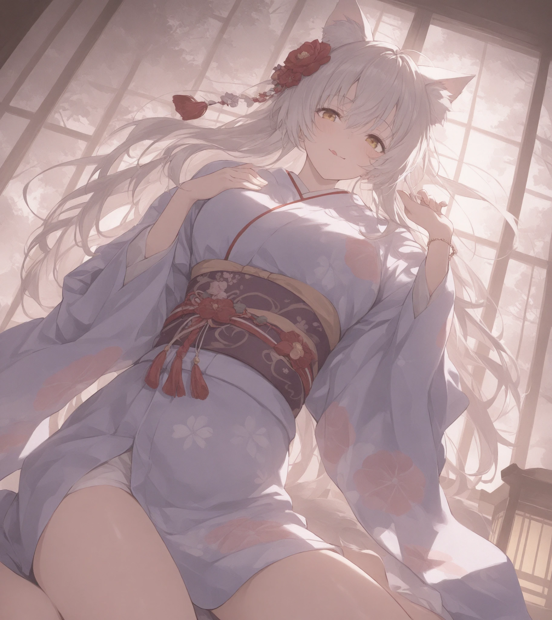 Animal ears、cute、Small breasts、Gray Hair、Long Hair、kimono、shrine、indoor、On the futon、Japanese-style room