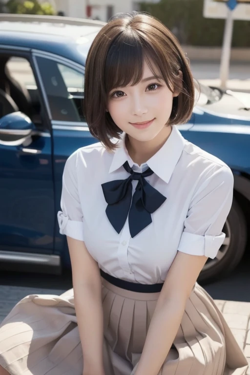 (nsfw:-2),(realistic, photo-realistic:1.4), (masterpiece,best quality:1.2), RAW photo, high resolution, intricate details extremely detailed, realistic and sharp details, portrait, frontal photography, look at viewer, solo, 1girl, a 17 years old woman, (office lady),(uniform,vest,tight skirt,bare legs:1.4), sandals, (squatting with spread legs apart), dark hair, (straight hair, blunt bangs), (detailed face:1.5), detailed eyes, sophisticated nose, pale skin, smile, photo background, outdoors, grass field, large park,,,[Aya Ogawa, Nogizaka46]