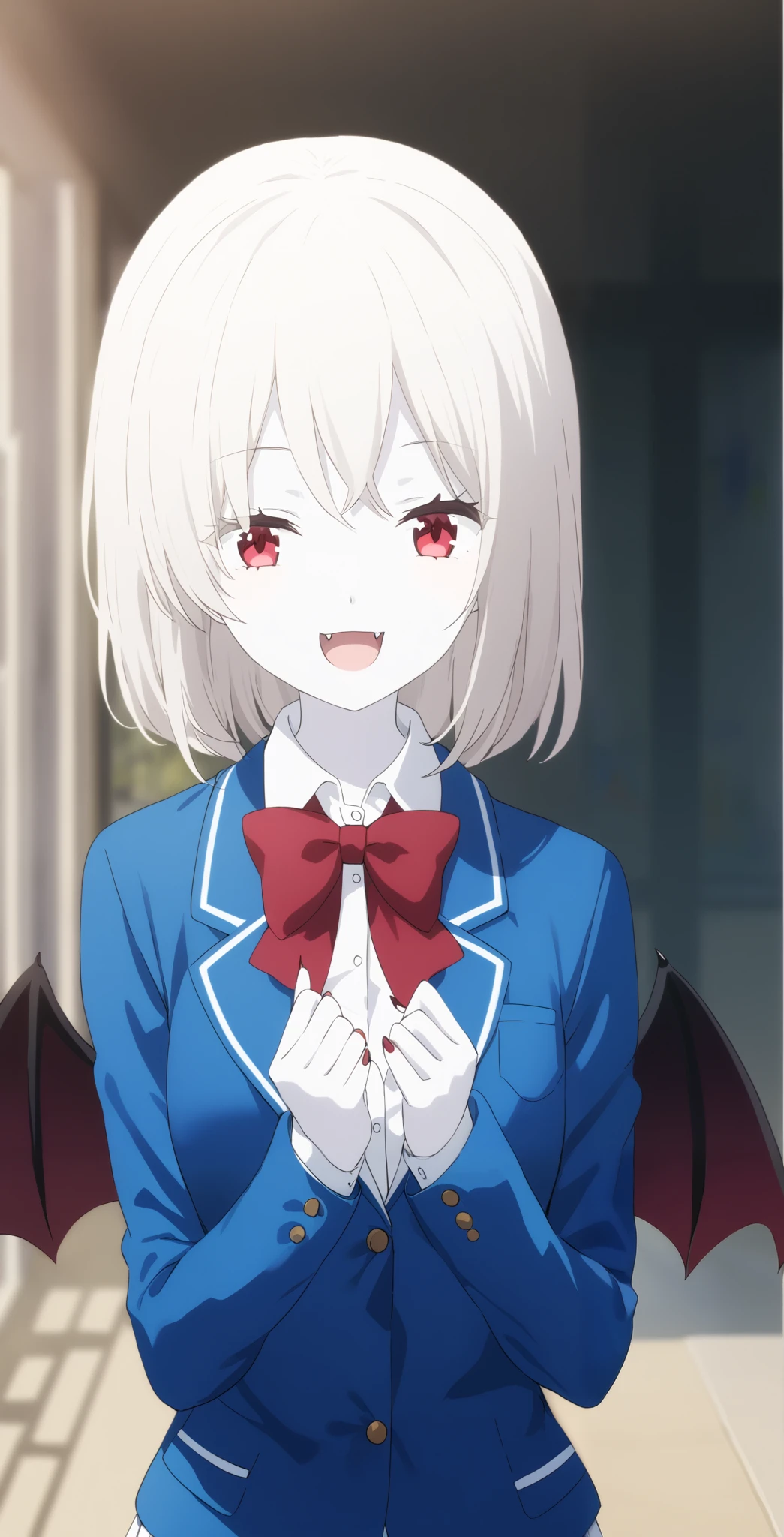 score_9, score_8_ up, score_7_ up, source_Anime, high definition , Anna, 1 girl, Alone, school uniform , red eyes, jacket , shirt, bow, white shirt, blue jacket , collared shirt, blazer, red bow, medium hair , bowtie, bangs, Pure white hair, skirt , upper body, pure white and pale skin, with sharp fangs outdoors,surprised face,全身 pure white and pale skin, pure white hair,Red nails,Extremely sharp nails ,,vampire,vampire化小早川杏奈,Fingers5Books, bat wings are growing from the spine、 covers her mouth ,pure white and pale hair, has both eyes closed,Smile with a smile on your mouth