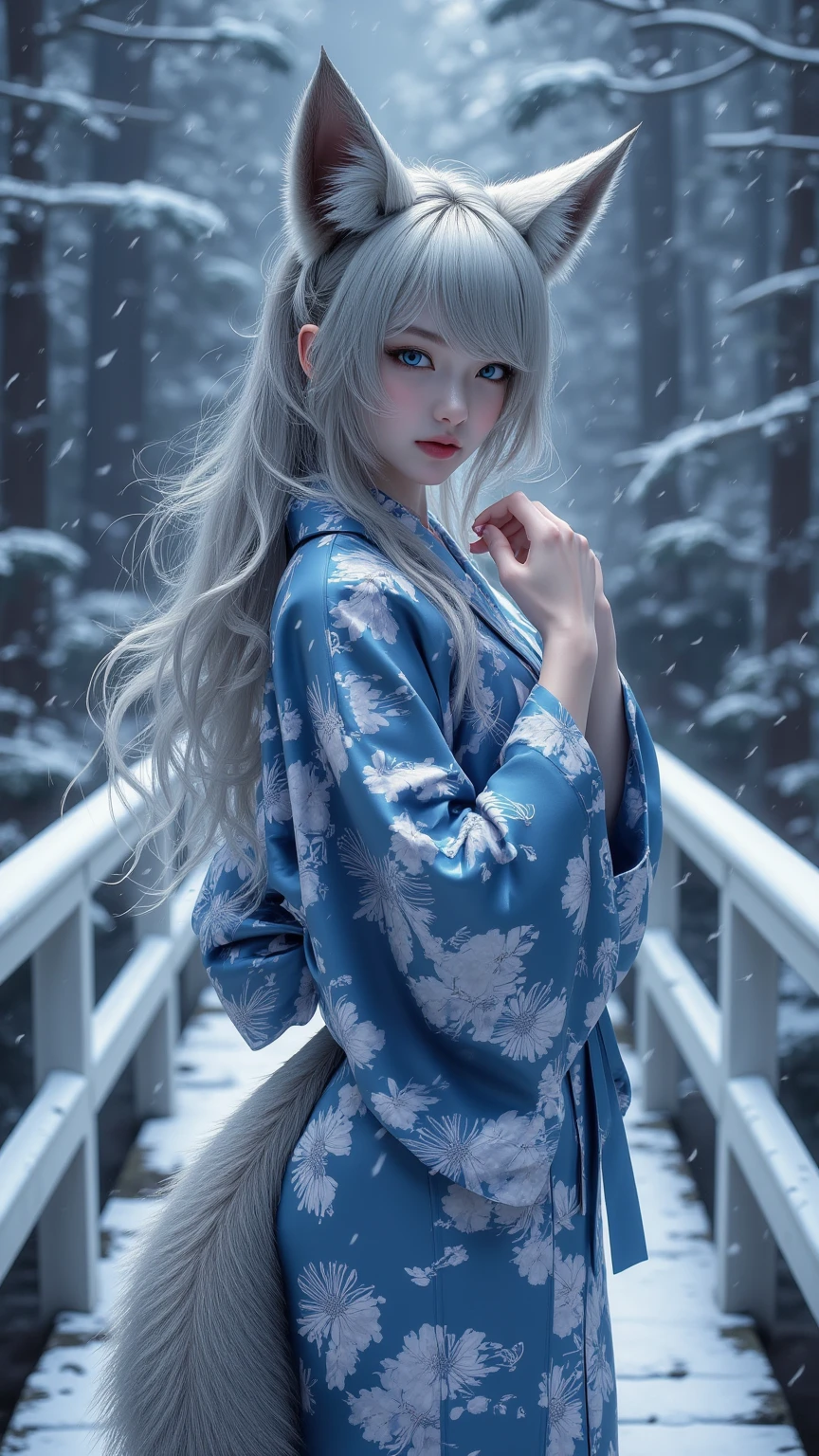 (High Detail CG Unity 16k wallpaper:1.1), (Noise reduction strength:1.45), (masterpiece:1.37), original, (andても上品で美しい), (perfect details), (Unity CG8K Wallpaper:1.05), (beautiful clear background:1.25), (one pretty girl (2 fox ears:0.9) and (fox tail on the back:1.2) Stand by the river:1.15). (Cute type:1.3), (narrow clean eyes:1.lettie face:1.3), silver hair, silver ears, (pink hair:0.7), (Pink ears:0.7), long hair, (japanese kimono:1.25), (windblown hair:1.1), (blue eyes:1.1), ( girl:1. 1) butterfly flapping its wings, (moonlight:0.6), wood, snow dance, (Winter orientation), (night:1.2), (gloves:0.8), alone, (figure), (Depth of bounds written:0.7), (close :0.35), god's rays, sparks, shining light, (must-have)