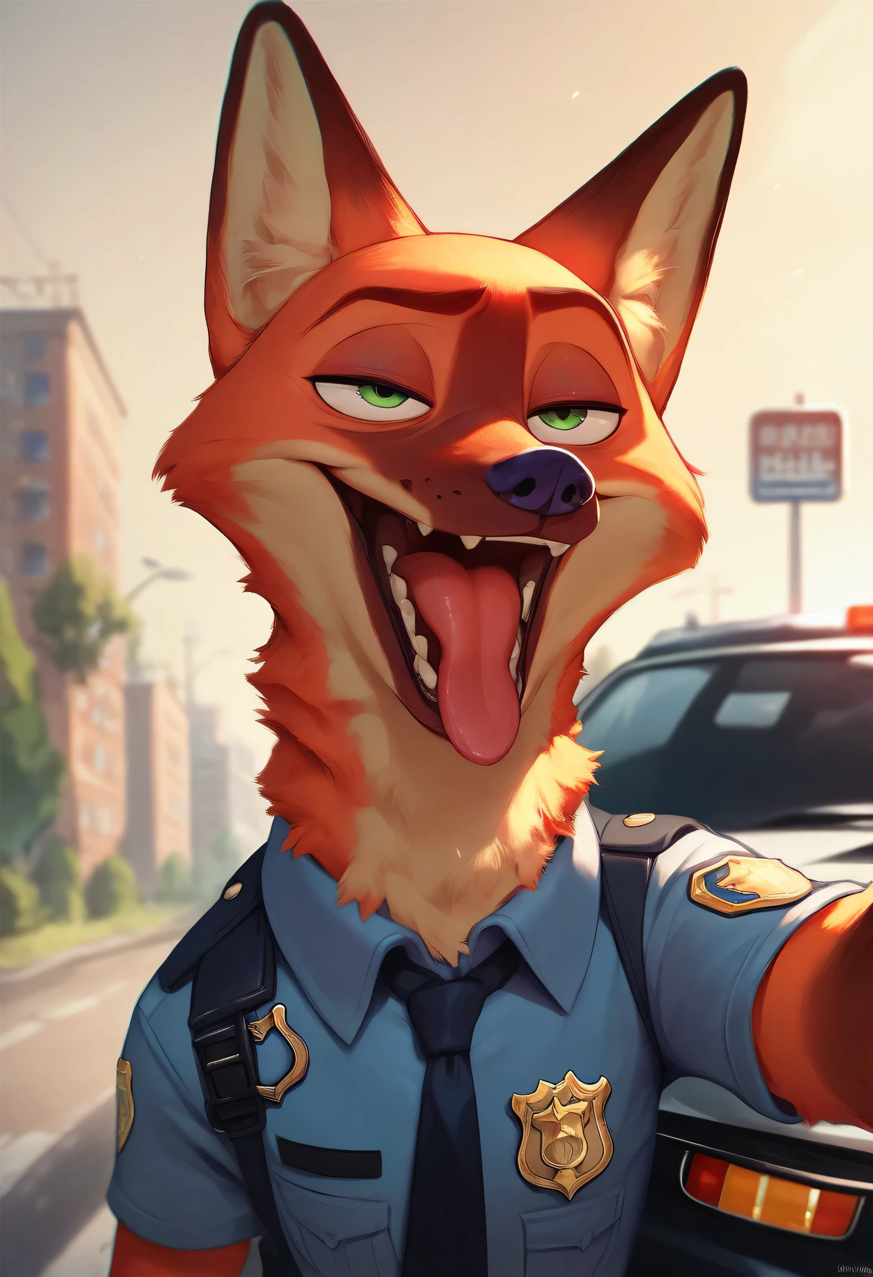 Nick Wilde score_9, score_8_up, score_7_up, score_6_up,fox, open mouth, tongue, focus, furry, German shepherd, furry, very long body fur, wearing a black police fharness, Tongue, police car in the background, evil smile