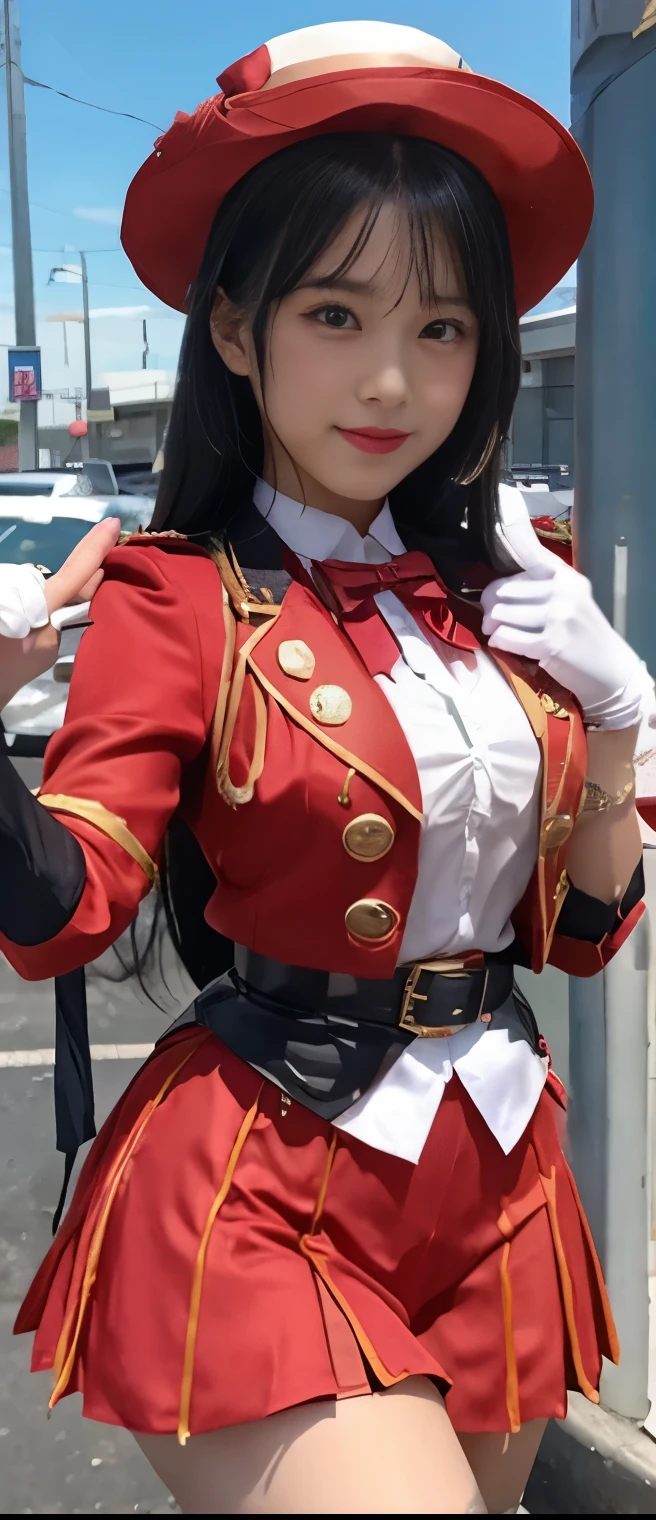 Cool Magician Idol Girl、A pure girl's face、Tanned Thick Legs 、white and red magician uniform( silk hat)、Gorgeous Belt 、 fishnet