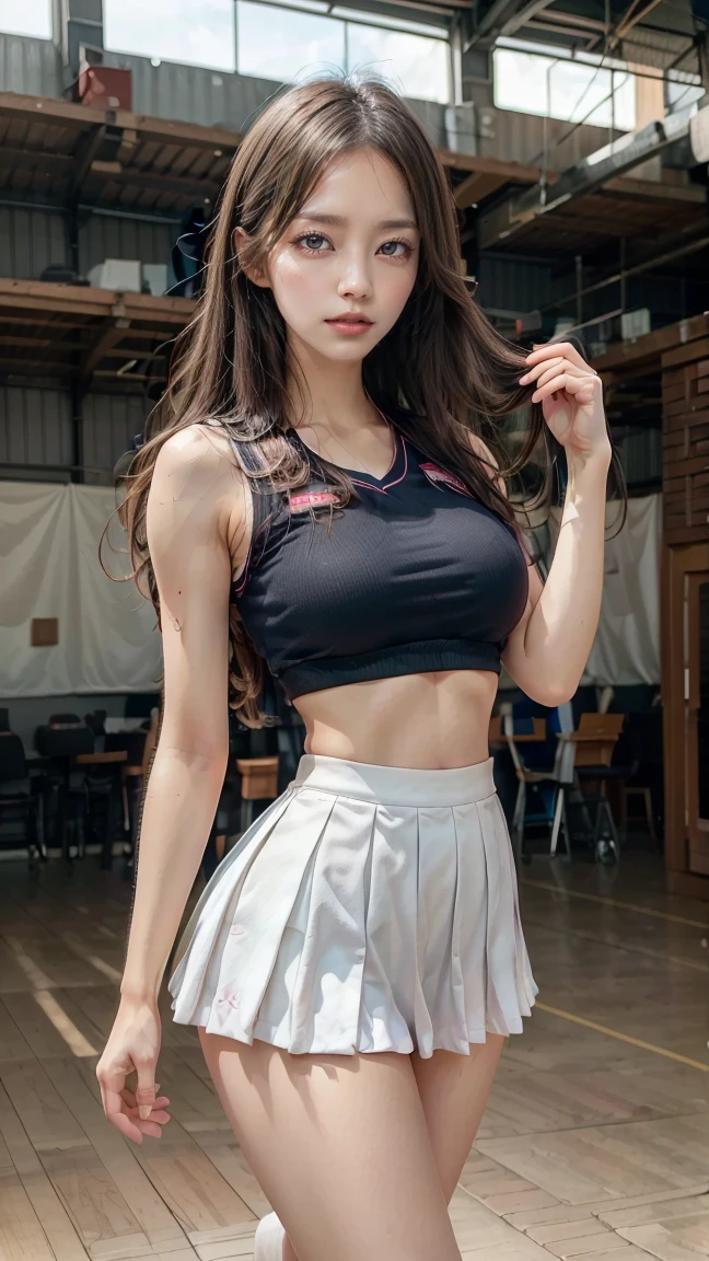 masterpiece, best quality, ultra detailed, ultra high resolution, very detailed face, solo, 26 years old woman, (((maid uniform, croptop, short skirt))), ((black short hair, chignon)), ((expose abdomen)), (((medium breast))), (((little smile))), ((six pack abs:1.18)), posing in the room