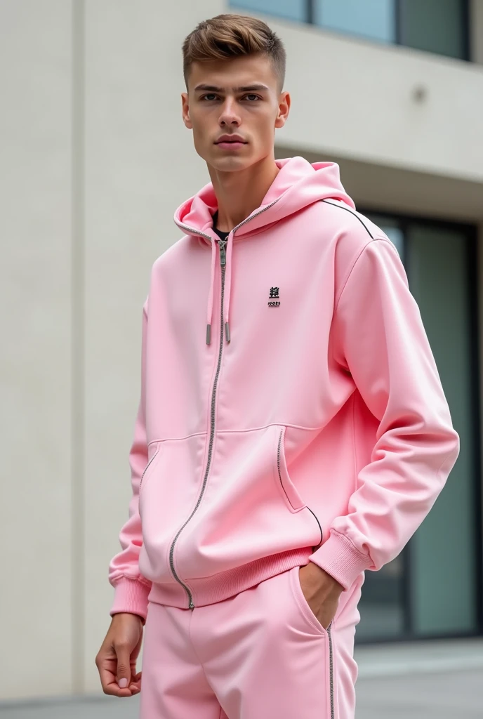 Let him wear a light pink tracksuit