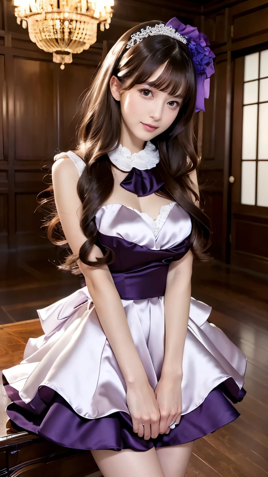 orchid wedding dress,purple short skirt,woman,japanese,cute face,pretty face,bare shoulders,shoulders slightly exposed,black eyes,black hair,(photorealistic:1.4),realistic details, high resolution,bokeh,outstanding details
