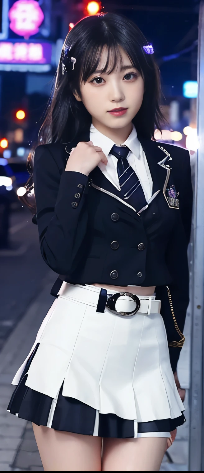 Detective Idol Girl 、A pure girl's face、 hypo、 White and Dark Purple Detective Uniform（、 tight mini skirt）、Gorgeous Belt 、 Glowing Cyberpunk Town 