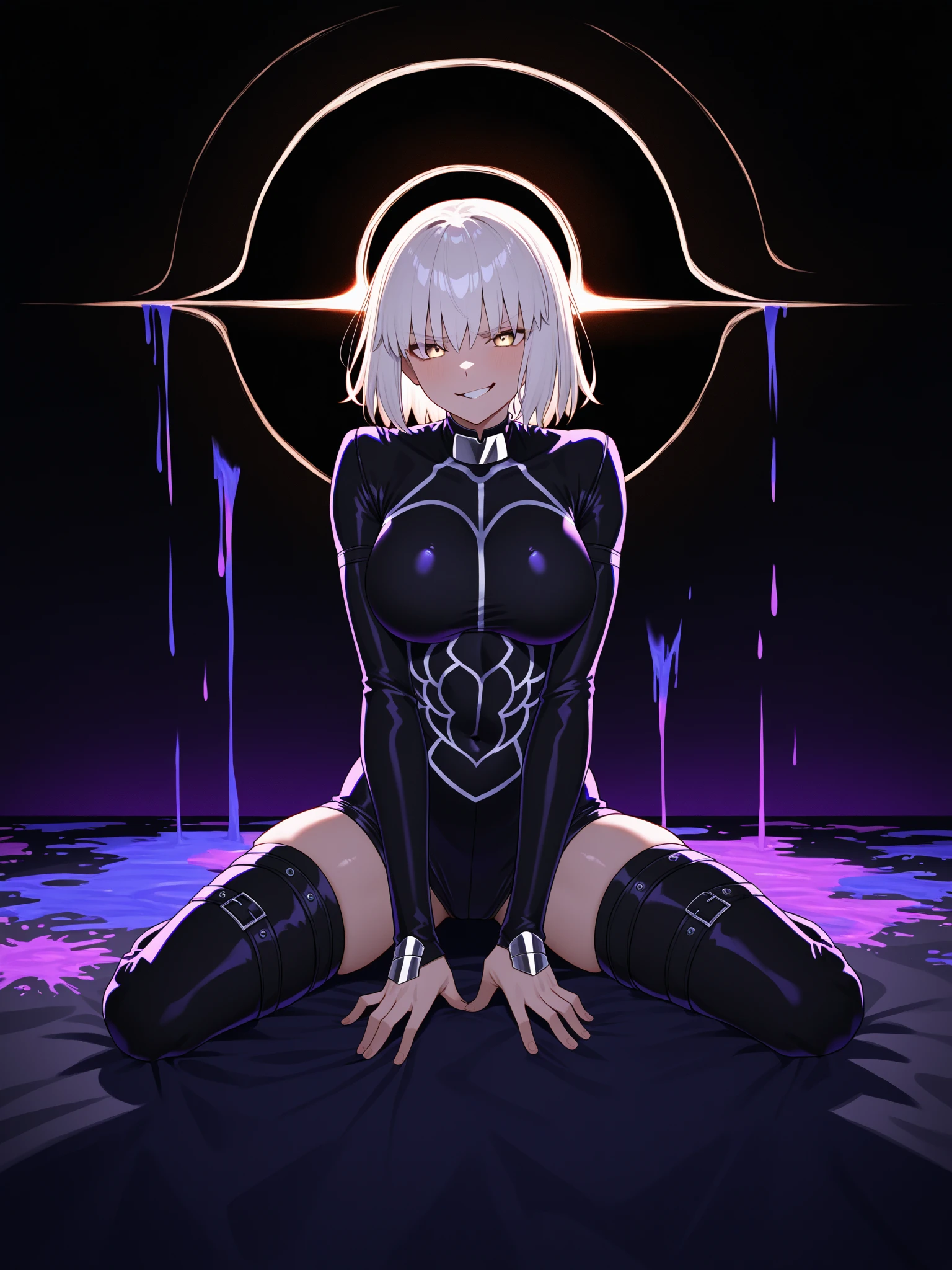 Android girl, , white hair, purple eyes, heterochromia, wolf ears, maintenance, naked, legs spread, love juices dripping from female genitals, pale purple-white skin, limbs fixed to machine, thick tube inserted into female genitals, trembling, heart mark, highest quality, highest image quality 